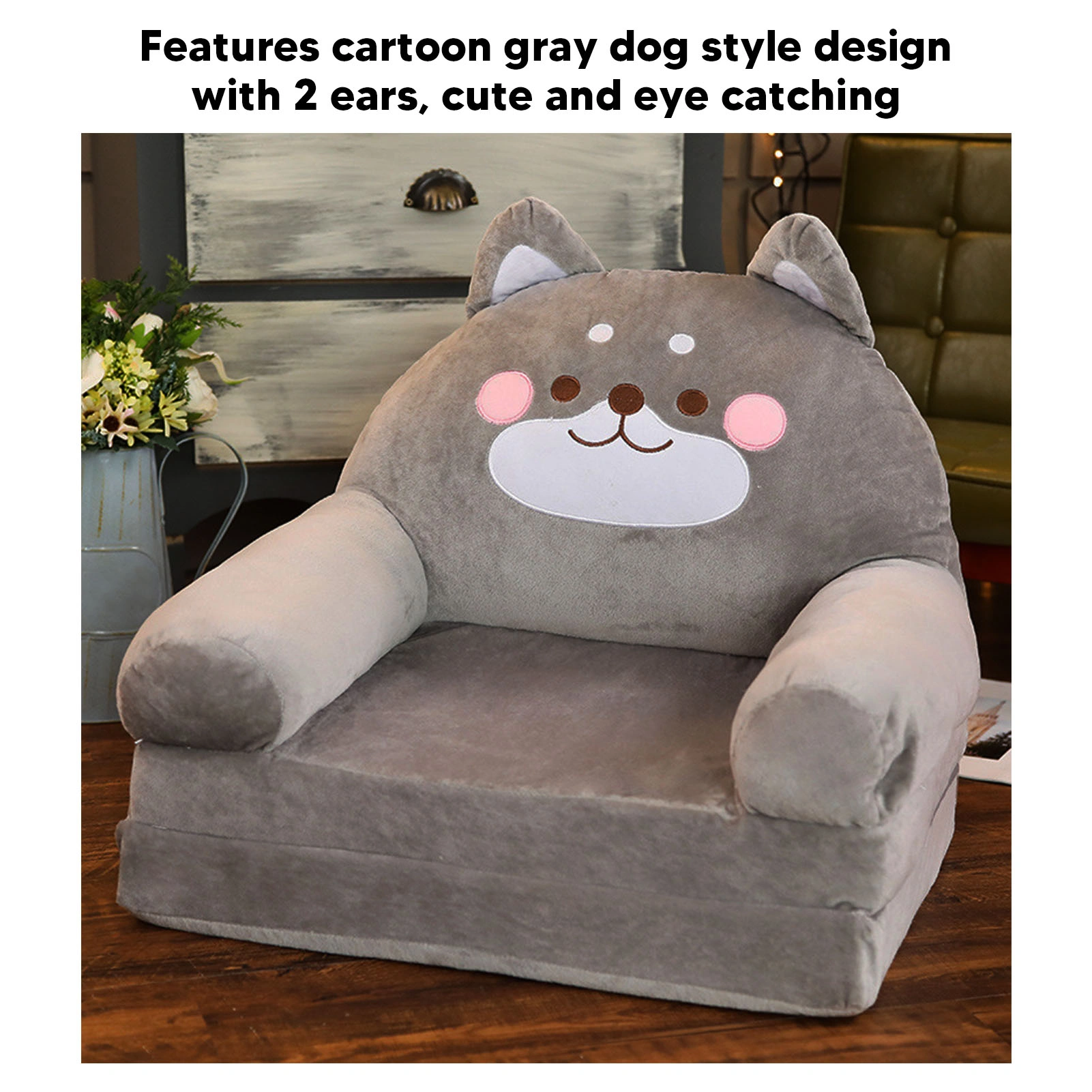 Kids Sofa Foldable Cartoon Dog Style with Wide Handle, Soft Breathable Toddler Chair for Reading Sleeping, Gray, 2 Layers view 2