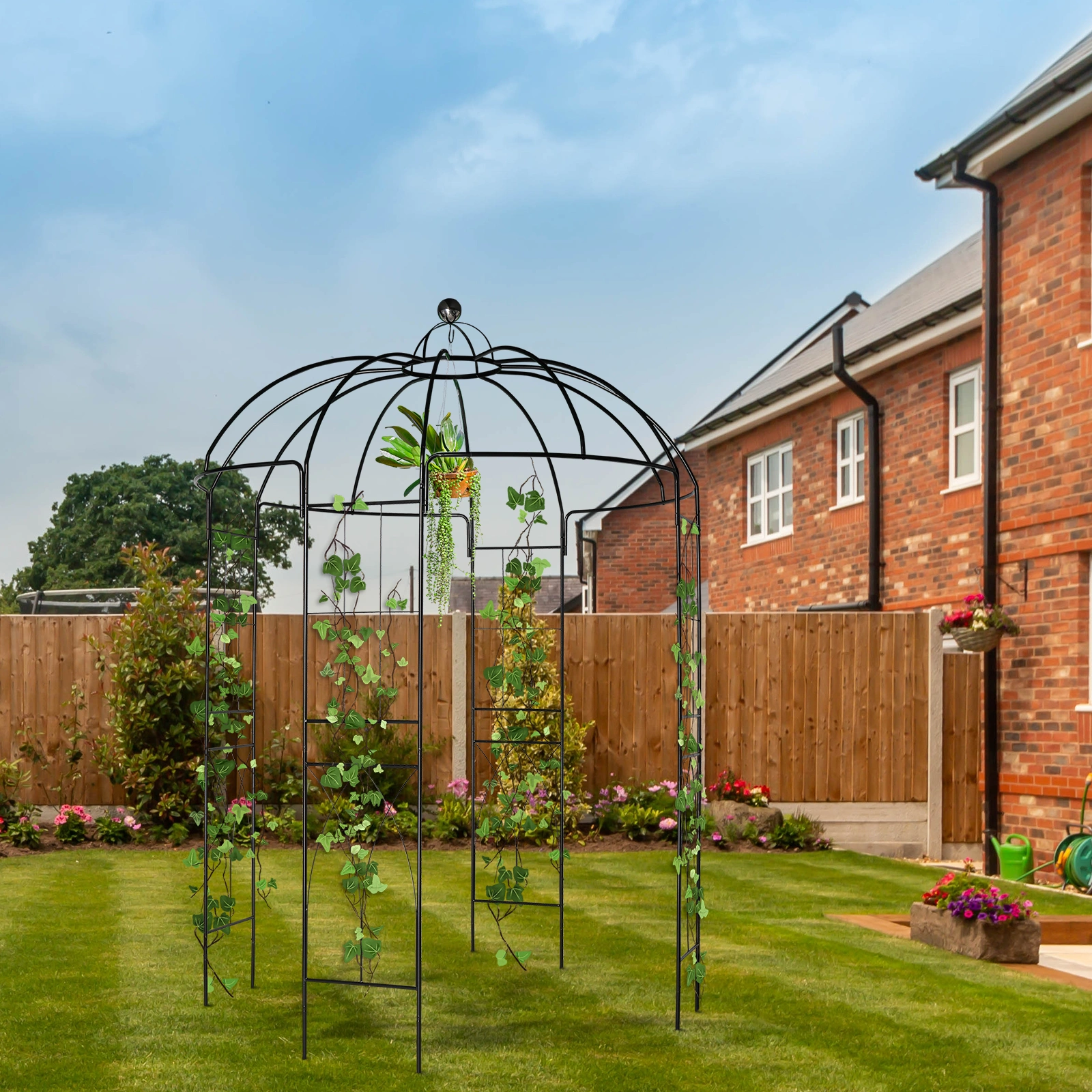 207*207*270cm Courtyard Wrought Iron Gazebo Iron Arch Black view 11