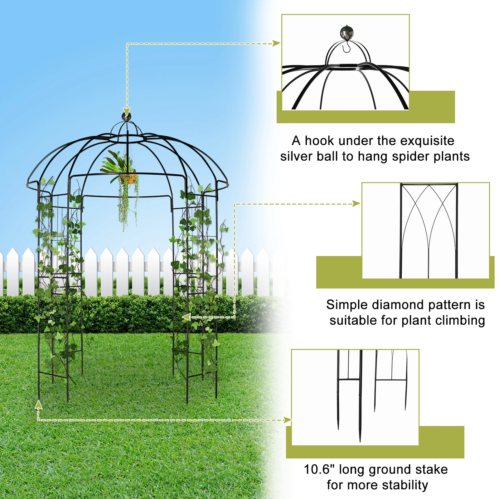 207*207*270cm Courtyard Wrought Iron Gazebo Iron Arch Black view 12