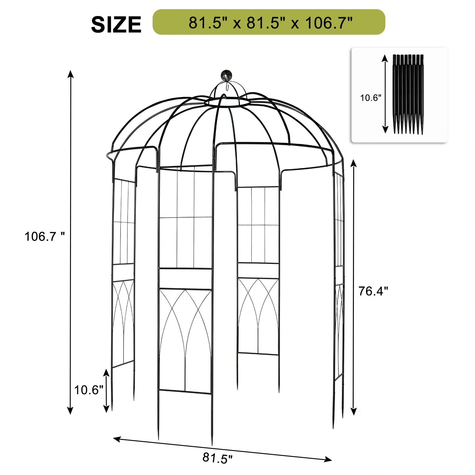207*207*270cm Courtyard Wrought Iron Gazebo Iron Arch Black view 16