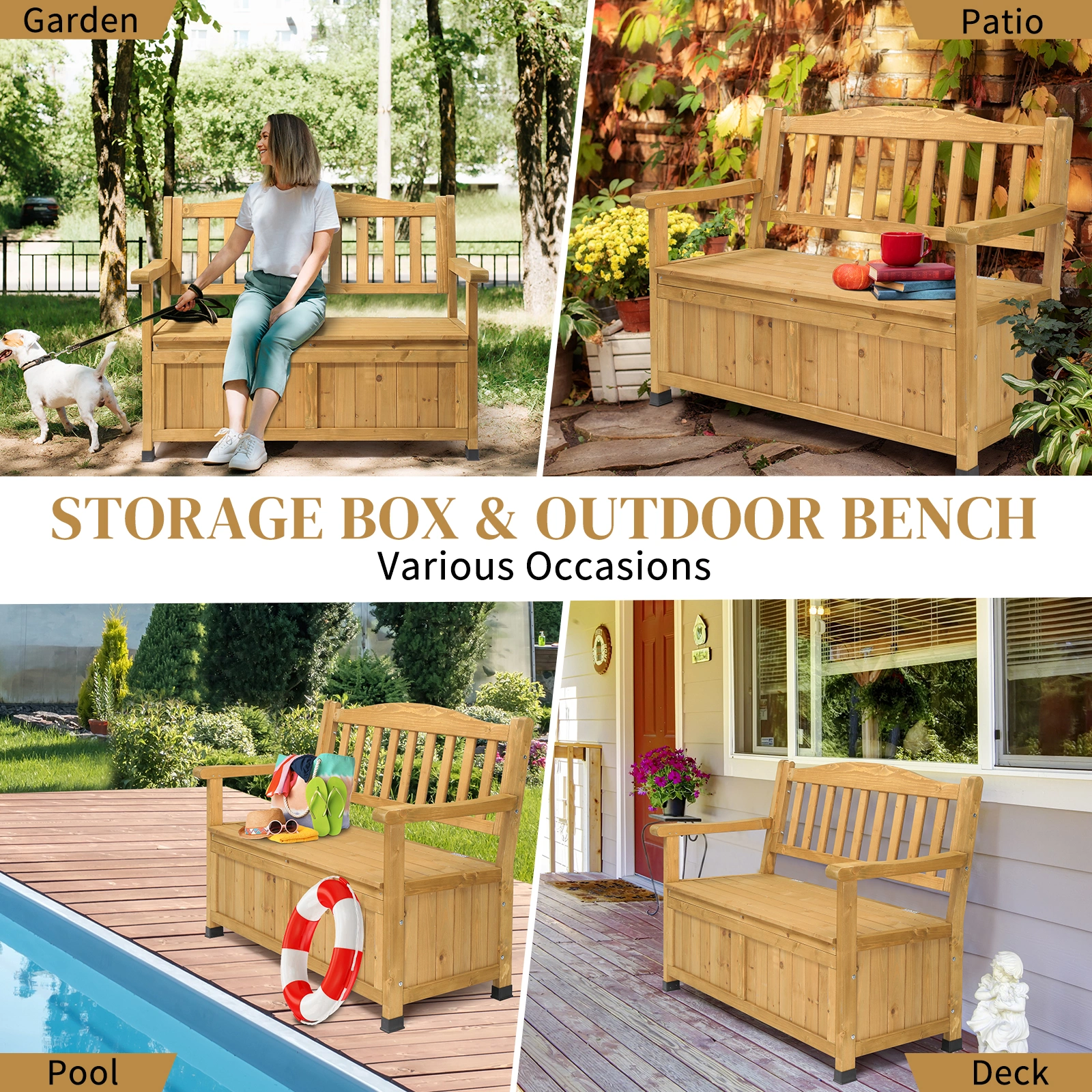 Outdoor Wooden Storage Bench, Large Deck Box with Seating & Armrest, Patio Organizer Loveseat for Garden Porch Deck Backyard Poolside view 10