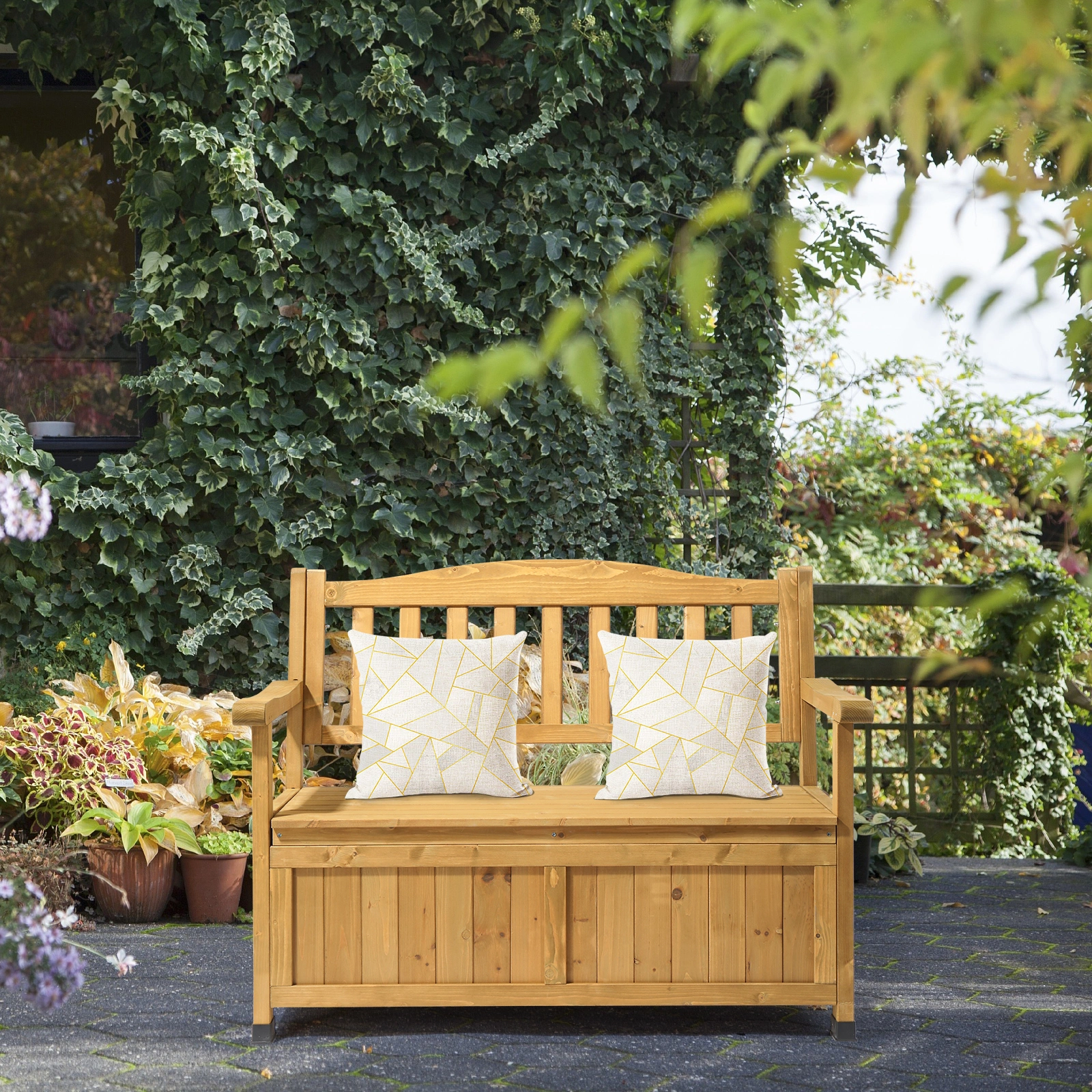 Outdoor Wooden Storage Bench, Large Deck Box with Seating & Armrest, Patio Organizer Loveseat for Garden Porch Deck Backyard Poolside view 12
