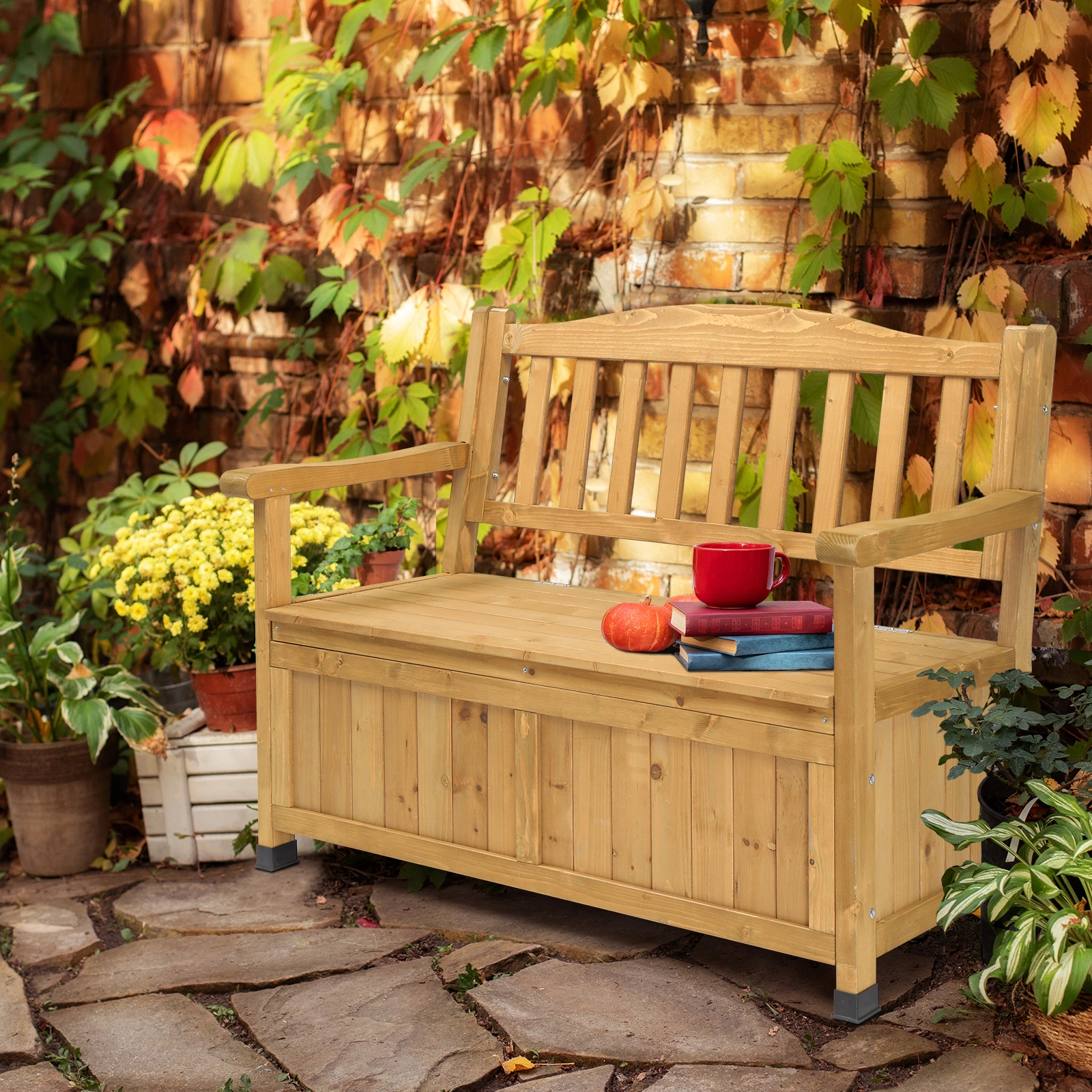 Outdoor Wooden Storage Bench, Large Deck Box with Seating & Armrest, Patio Organizer Loveseat for Garden Porch Deck Backyard Poolside view 14