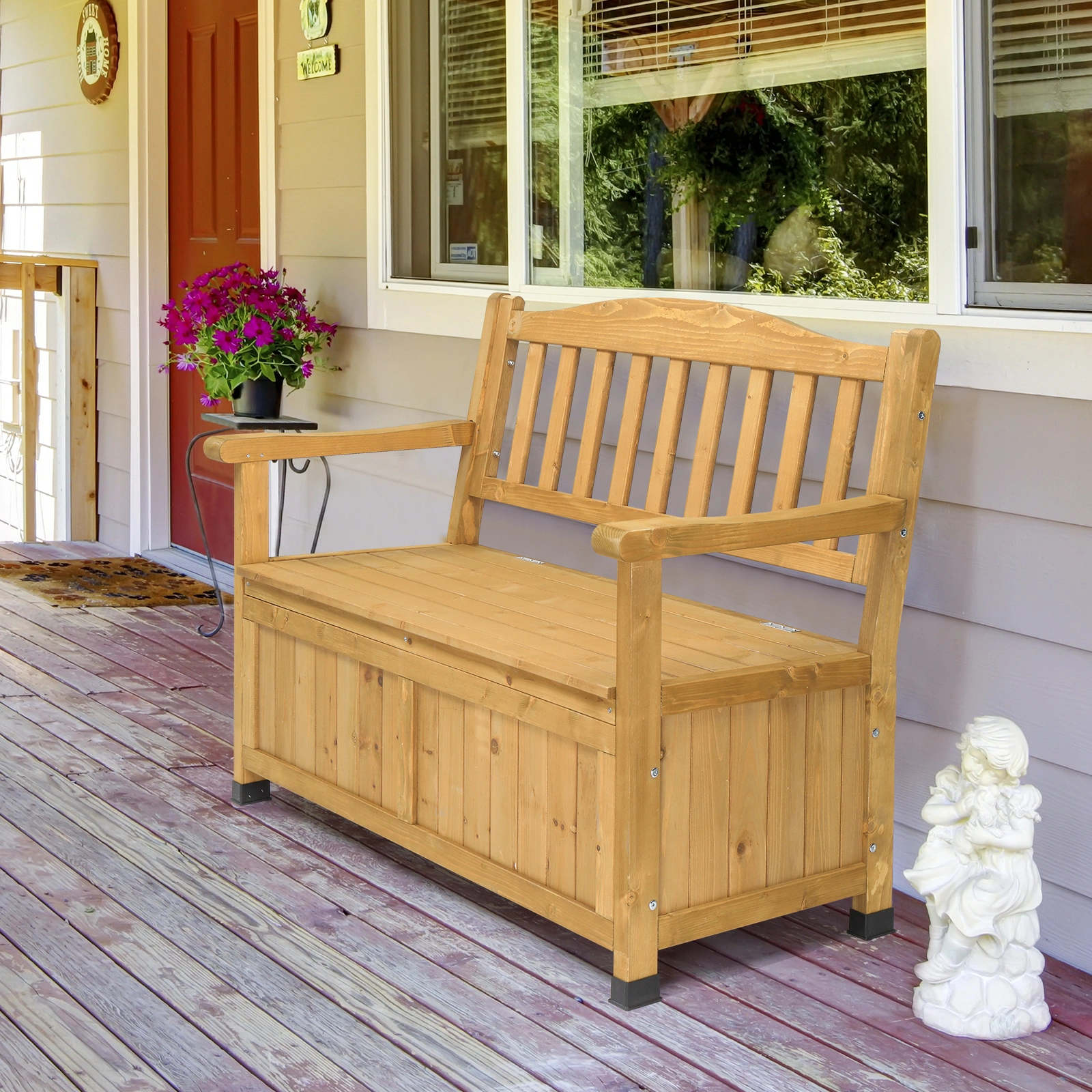 Outdoor Wooden Storage Bench, Large Deck Box with Seating & Armrest, Patio Organizer Loveseat for Garden Porch Deck Backyard Poolside view 15