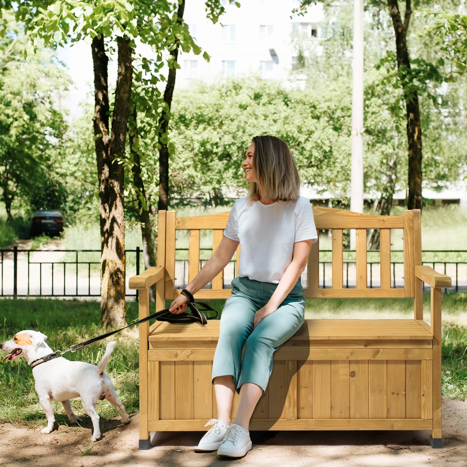 Outdoor Wooden Storage Bench, Large Deck Box with Seating & Armrest, Patio Organizer Loveseat for Garden Porch Deck Backyard Poolside view 16