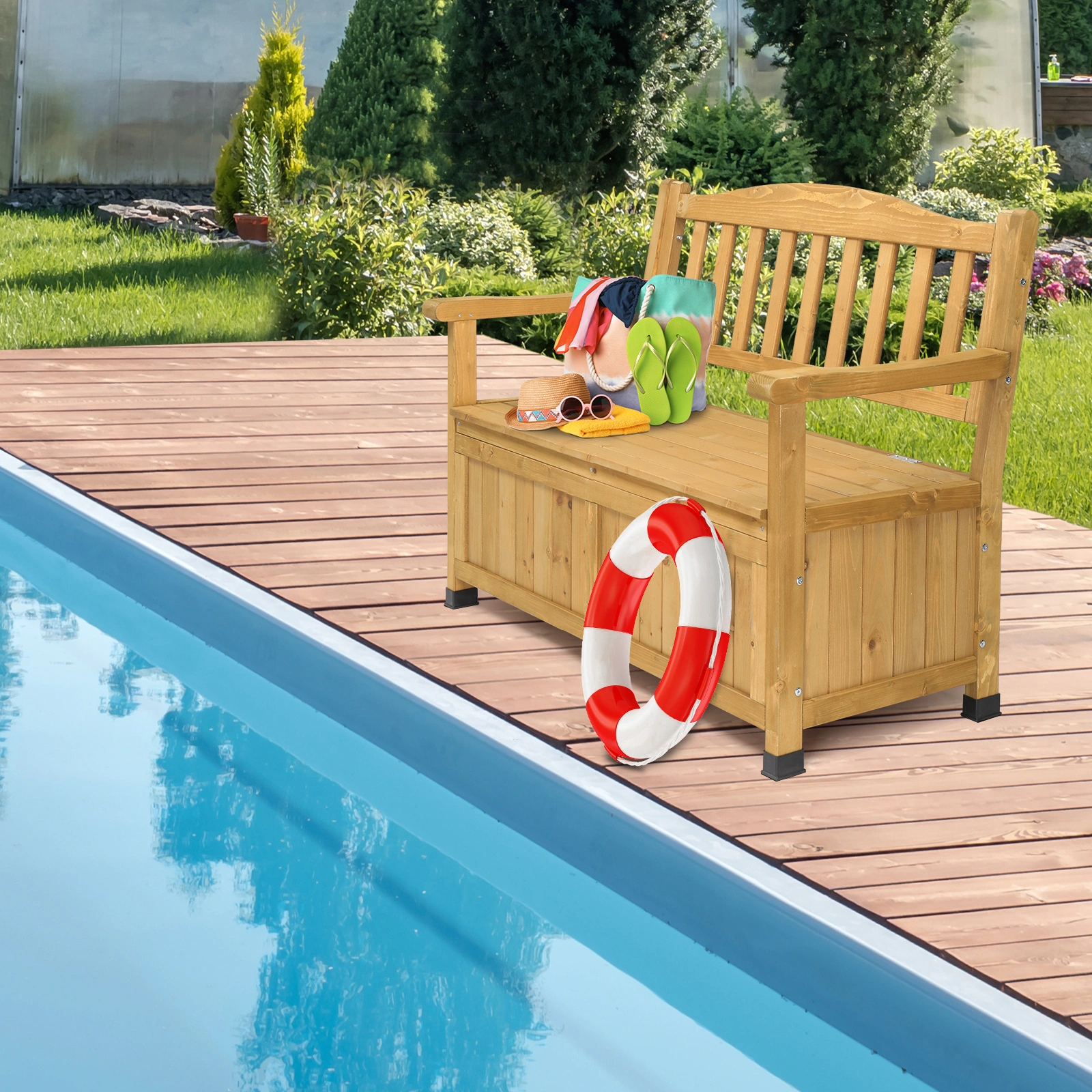 Outdoor Wooden Storage Bench, Large Deck Box with Seating & Armrest, Patio Organizer Loveseat for Garden Porch Deck Backyard Poolside view 17