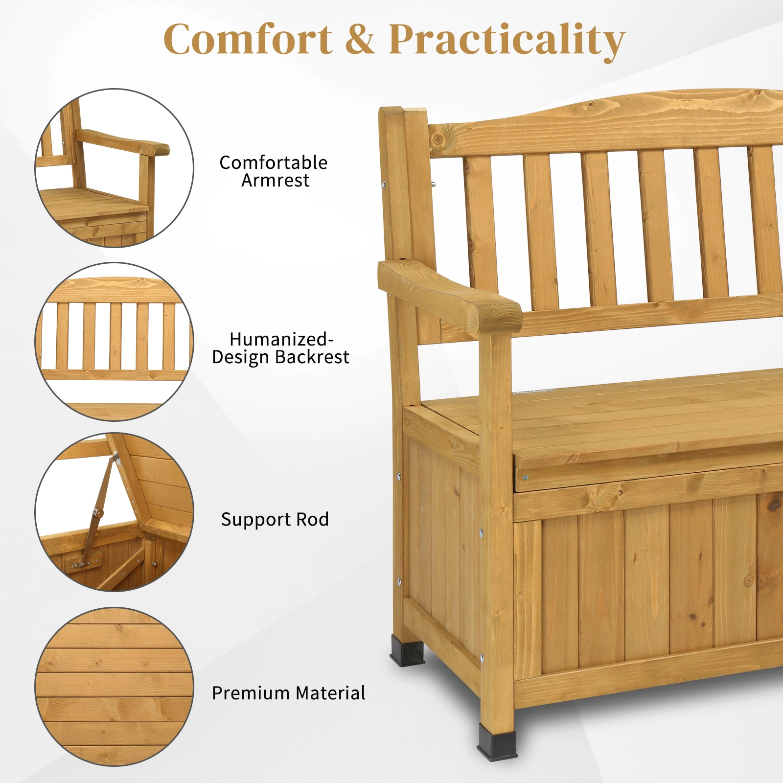 Outdoor Wooden Storage Bench, Large Deck Box with Seating & Armrest, Patio Organizer Loveseat for Garden Porch Deck Backyard Poolside view 5