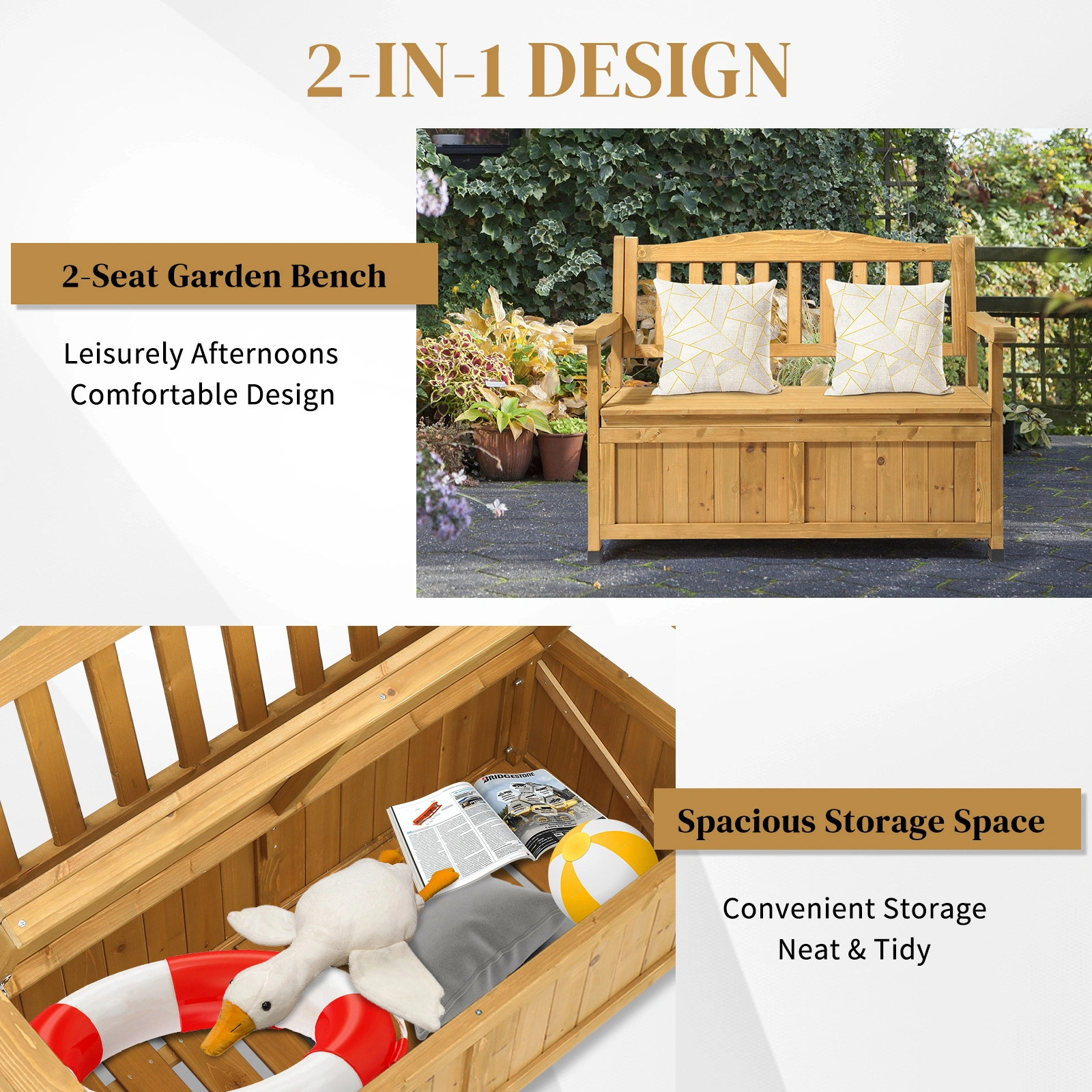 Outdoor Wooden Storage Bench, Large Deck Box with Seating & Armrest, Patio Organizer Loveseat for Garden Porch Deck Backyard Poolside view 9