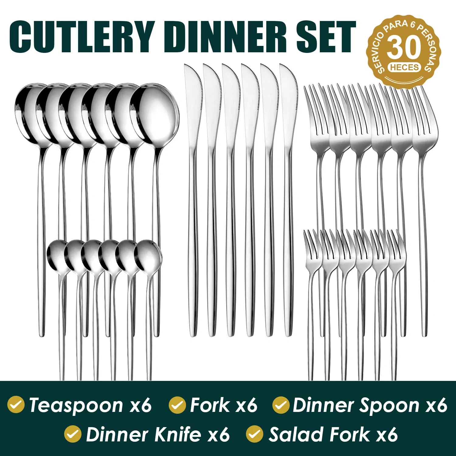 30Pcs Stainless Steel Cutlery Dinner Set with Metal Stand Rack Forks Tea Spoons Kitchen Utensils Polish view 2