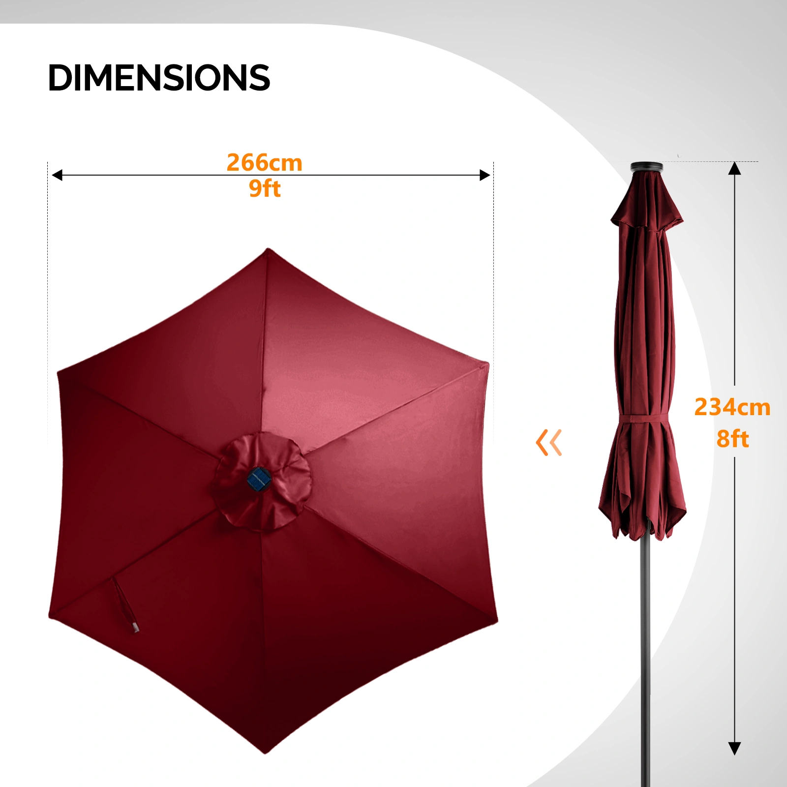 9ft Solar LED Patio Umbrella with Push Button Tilt & Crank, 6 Ribs Waterproof Polyester Outdoor Market Table Umbrella for Garden Backyard Pool, Burgundy view 2