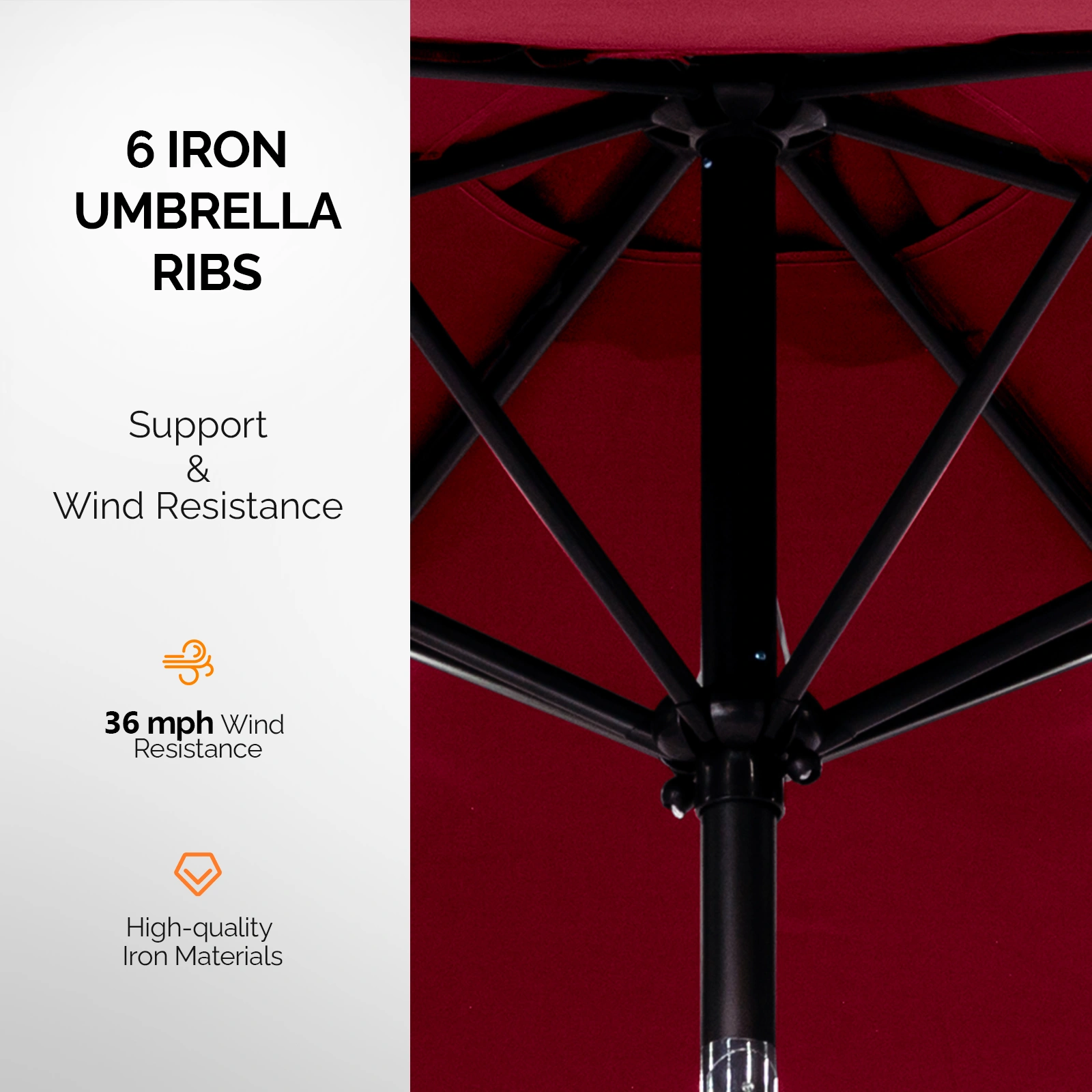 9ft Solar LED Patio Umbrella with Push Button Tilt & Crank, 6 Ribs Waterproof Polyester Outdoor Market Table Umbrella for Garden Backyard Pool, Burgundy view 3