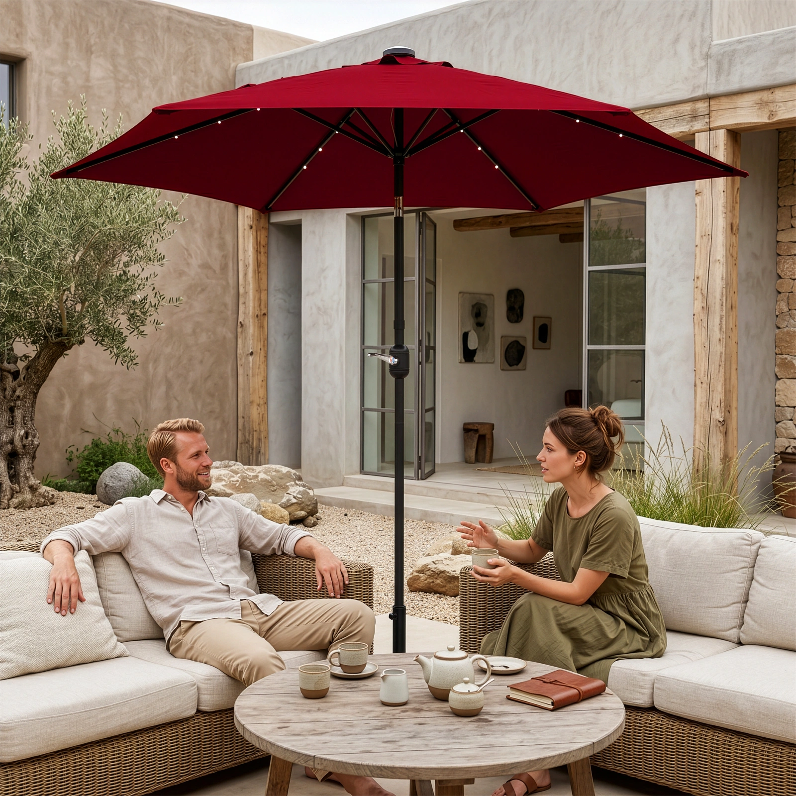9ft Solar LED Patio Umbrella with Push Button Tilt & Crank, 6 Ribs Waterproof Polyester Outdoor Market Table Umbrella for Garden Backyard Pool, Burgundy view 7