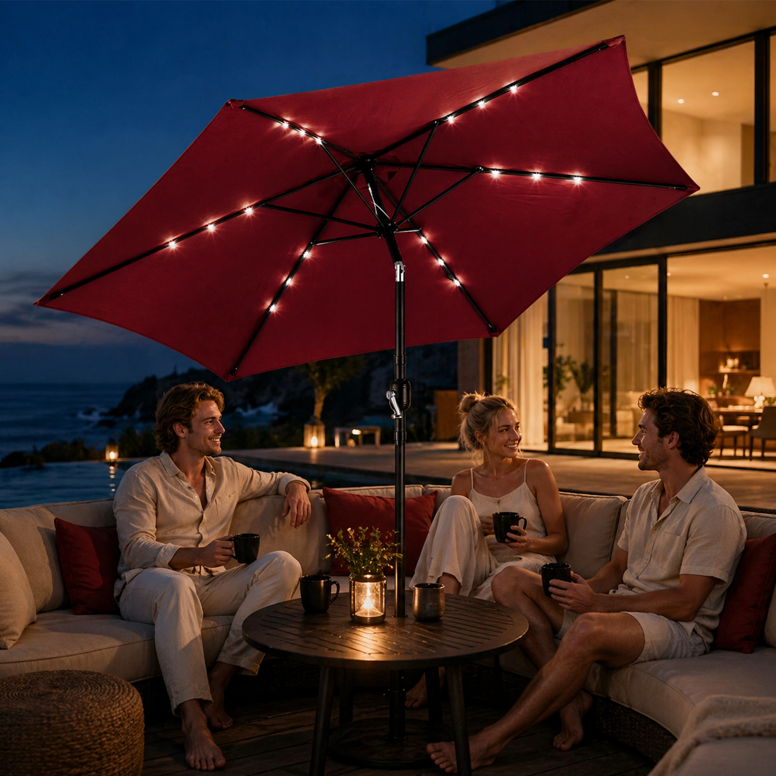 9ft Solar LED Patio Umbrella with Push Button Tilt & Crank, 6 Ribs Waterproof Polyester Outdoor Market Table Umbrella for Garden Backyard Pool, Burgundy view 8