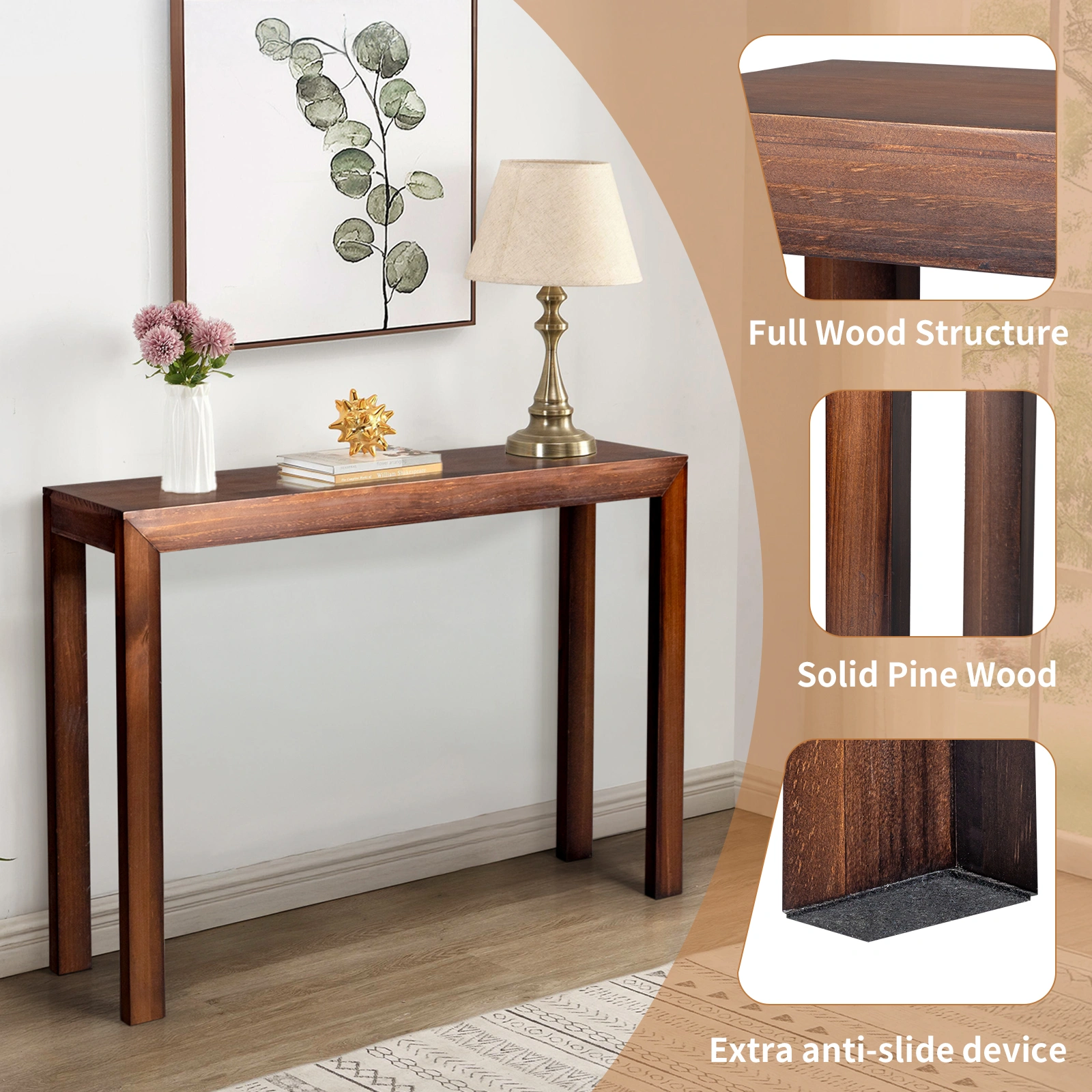 46 inch Pinewood Entryway Table, Console Table Entrance Table, Narrow Sofa Table for Living Room Entryway Hallway, Walnut view 2