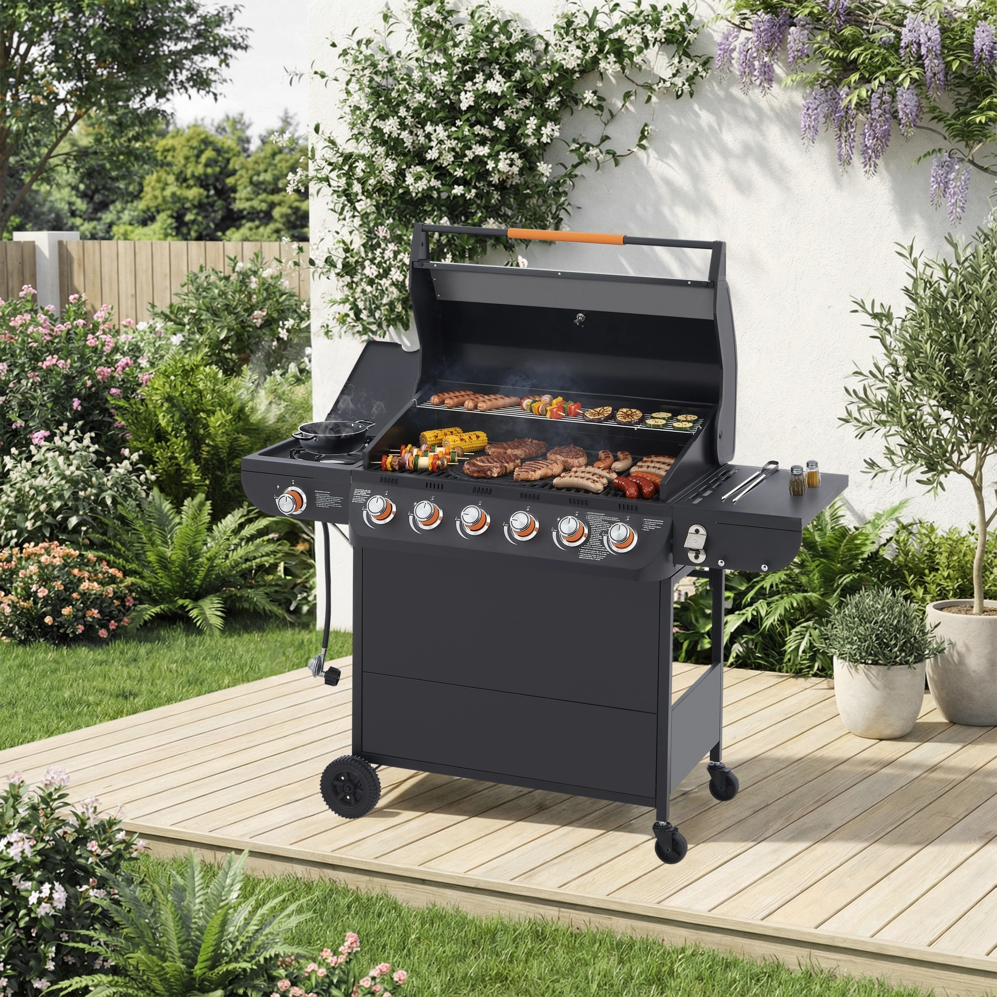 6 Burner Propane Gas Grill 72000 BTU Stainless Steel BBQ with Side Burner, Cast Iron Grates, Side Tables for Outdoor Patio Backyard