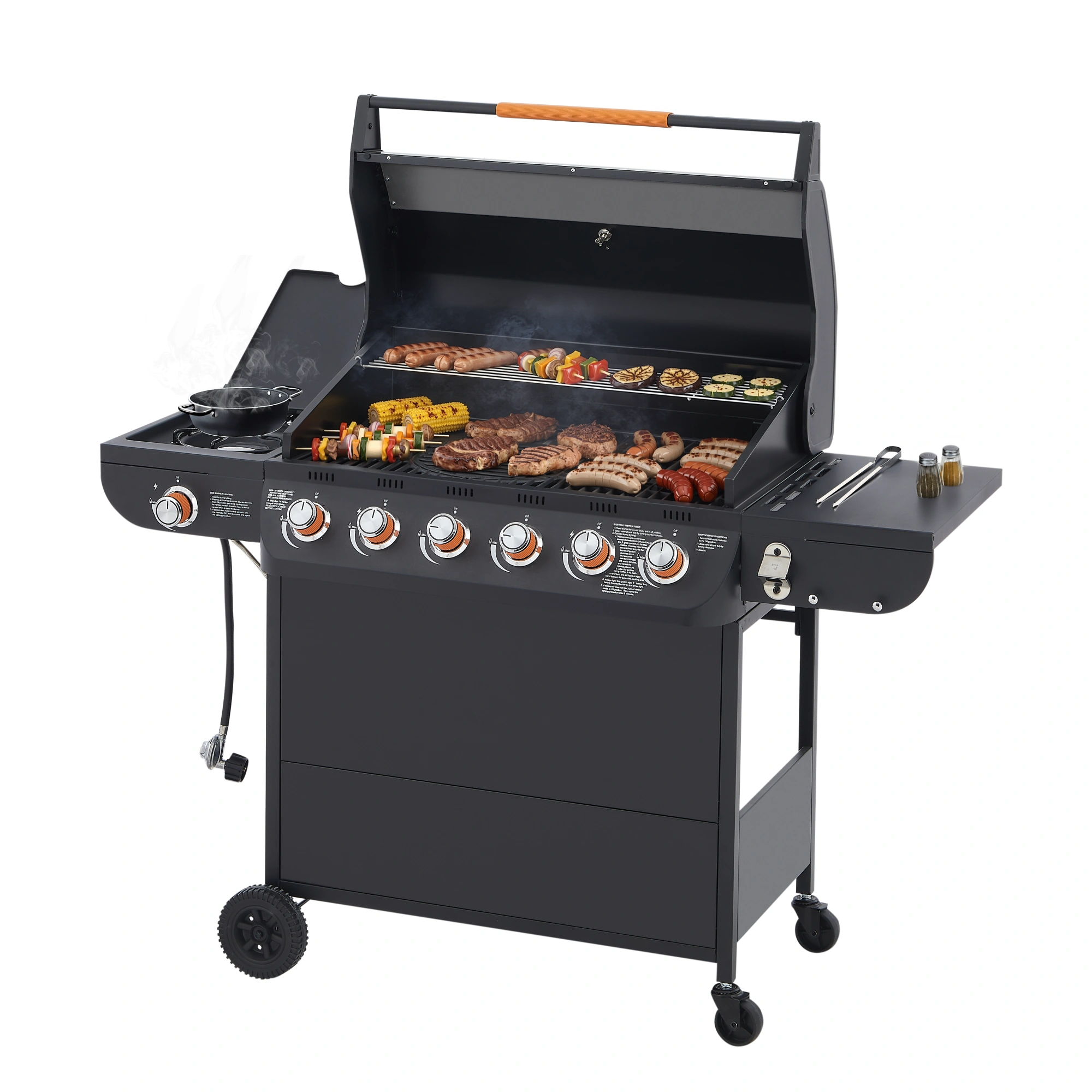 6 Burner Propane Gas Grill 72000 BTU Stainless Steel BBQ with Side Burner, Cast Iron Grates, Side Tables for Outdoor Patio Backyard view 13