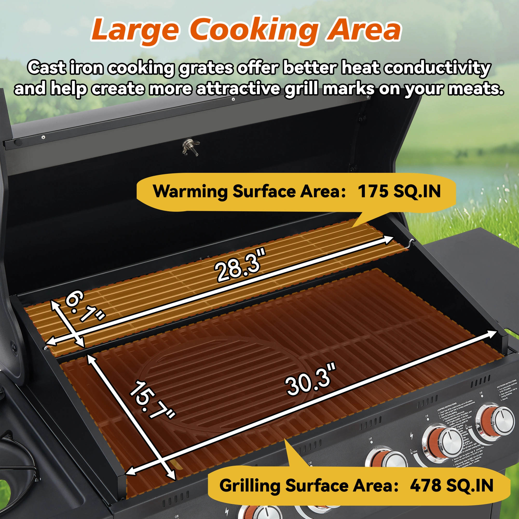 6 Burner Propane Gas Grill 72000 BTU Stainless Steel BBQ with Side Burner, Cast Iron Grates, Side Tables for Outdoor Patio Backyard view 5