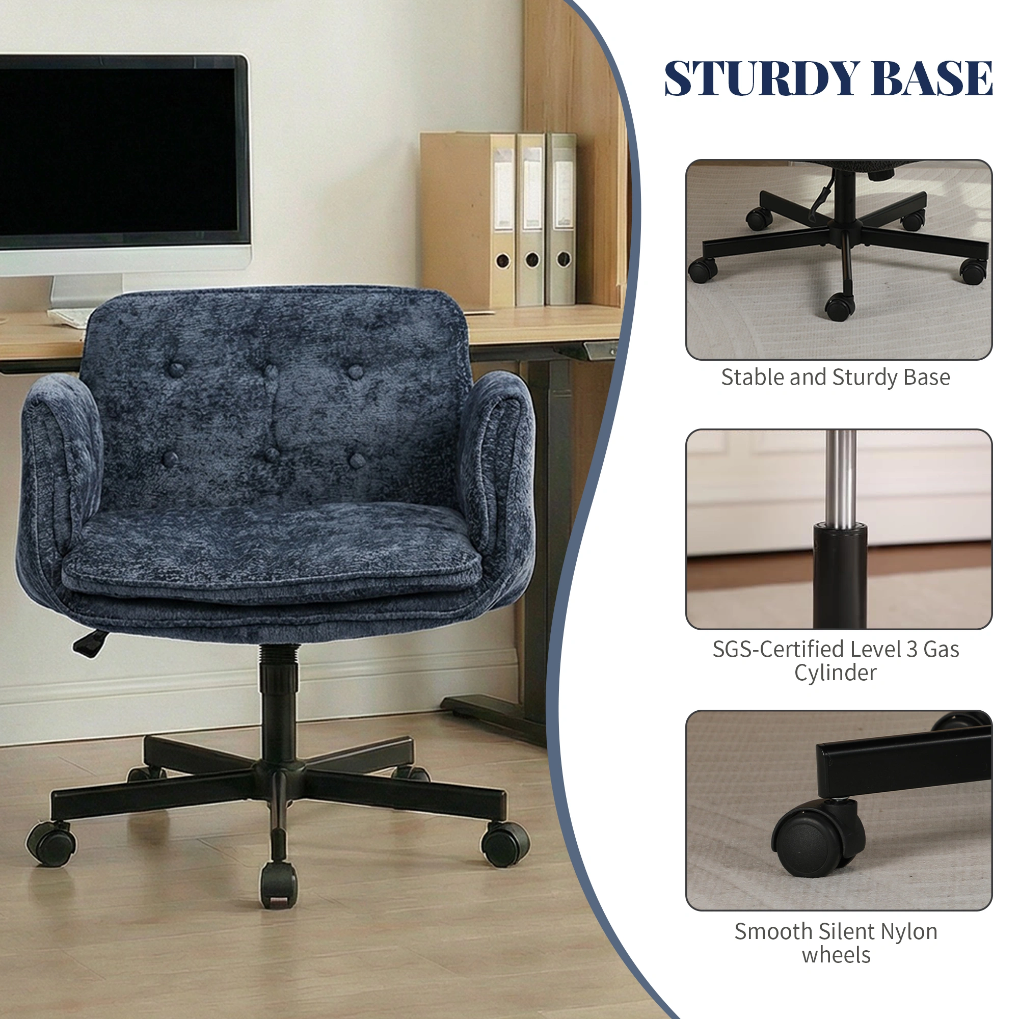 Home Office Chair Swivel Desk Chair with Casters, Height Adjustable Task Chair with Foldable Armrests, Blue view 5