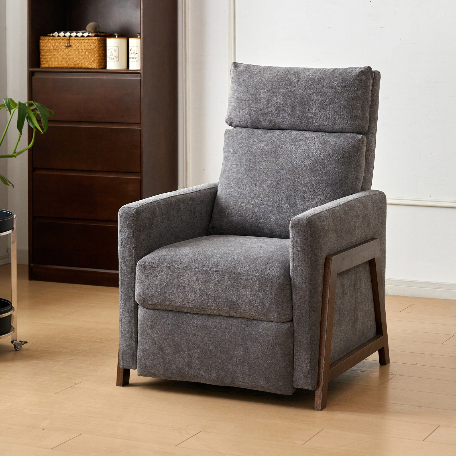 Grey Recliner Armchair with Adjustable Leg Rest Snow Wool Upholstered Padded Single Reclining Chair for Living Room Bedroom Home Theater view 2