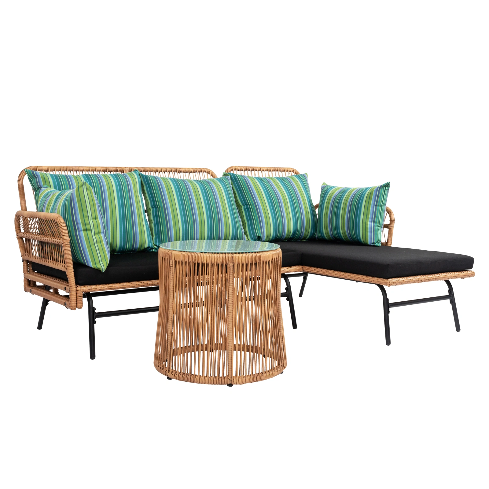 Outdoor 3-Piece Rope Woven Sectional Patio Sofa Set, L-Shaped Conversation Set w/ Thick Cushions, Detachable Lounger & Side Table for Backyard Porch view 2