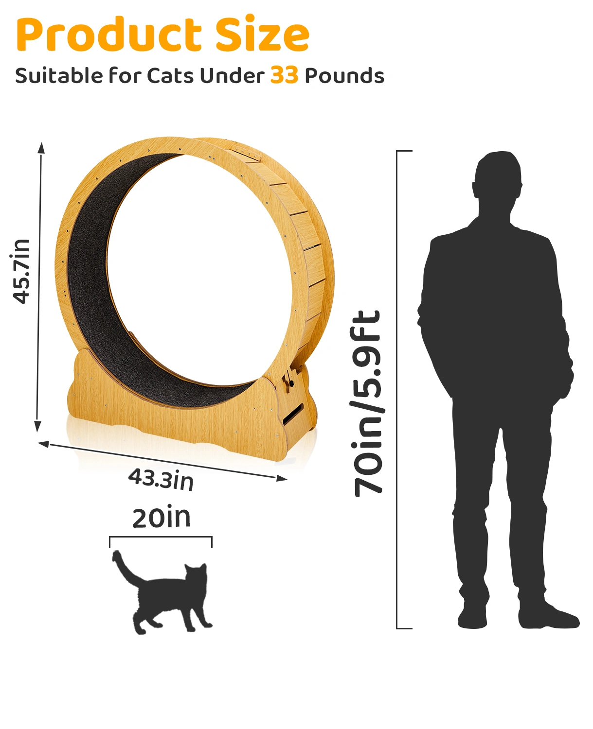 Cat Wheel Exerciser for Indoor Cats, 43.3-inch Large Cat Exercise Wheel for Running Silent, Cat Treadmill with Safety Lock for Cat's Fitness and Health, Natural Wood view 2