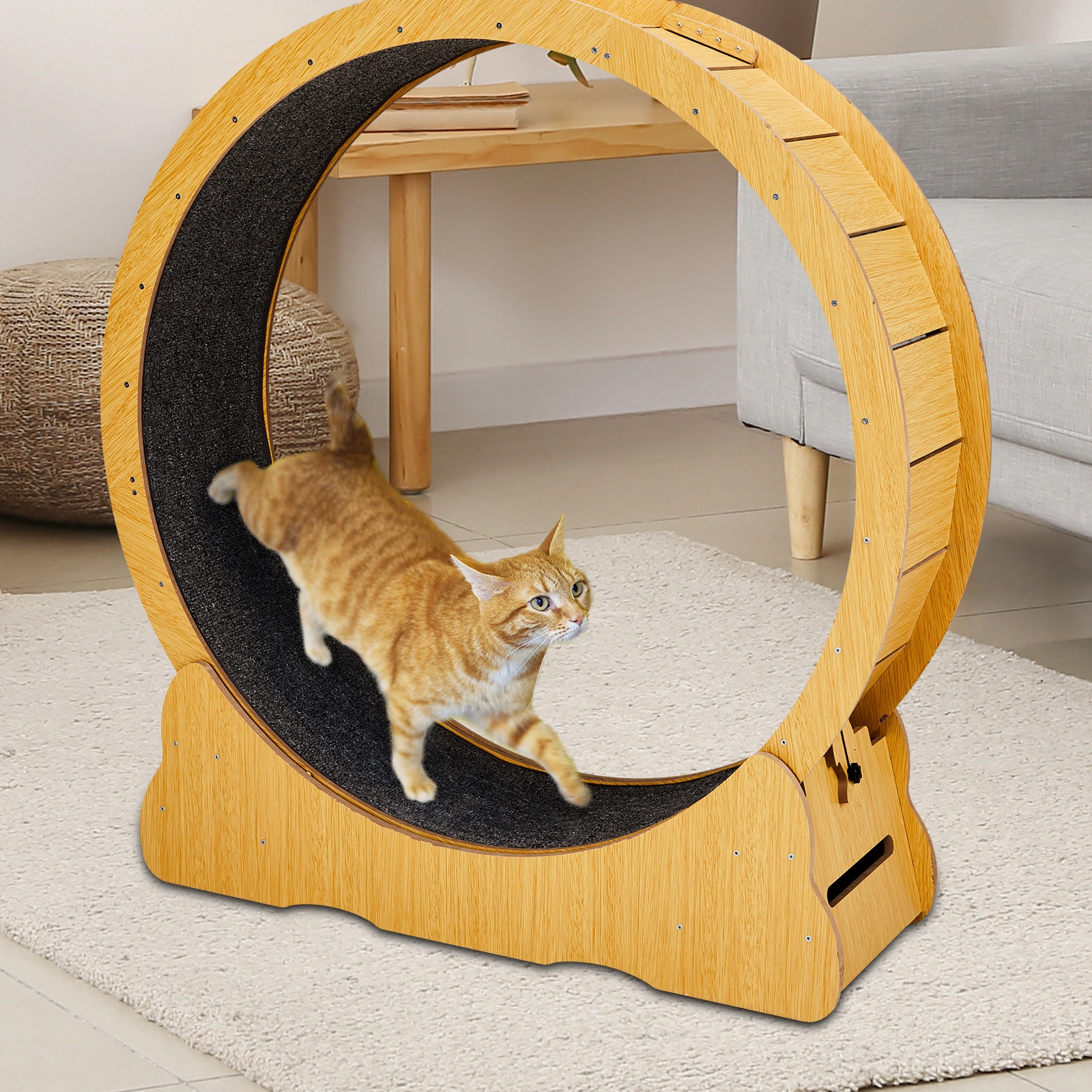 Cat Wheel Exerciser for Indoor Cats, 43.3-inch Large Cat Exercise Wheel for Running Silent, Cat Treadmill with Safety Lock for Cat's Fitness and Health, Natural Wood view 7
