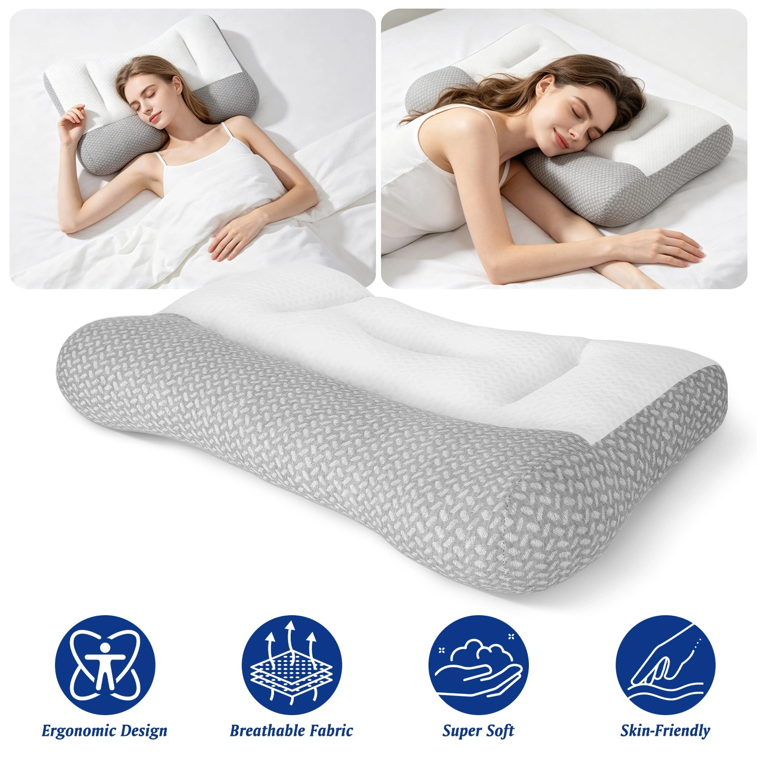 Dual Zone Support Bed Pillow with Ear Cutout - Ergonomic Side Sleeper Pillow, Breathable Mesh Cover, Down Alternative Fiber Fill for Home Bedroom Use