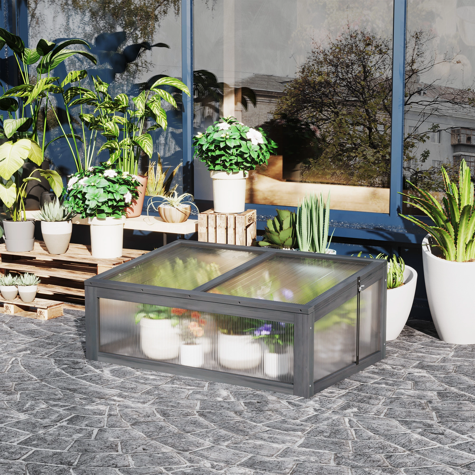 Wooden Cold Frame Greenhouse, 3-Tier Plant Propagator with Polycarbonate Panels, Season Extender for Garden Seed Starting & Overwintering