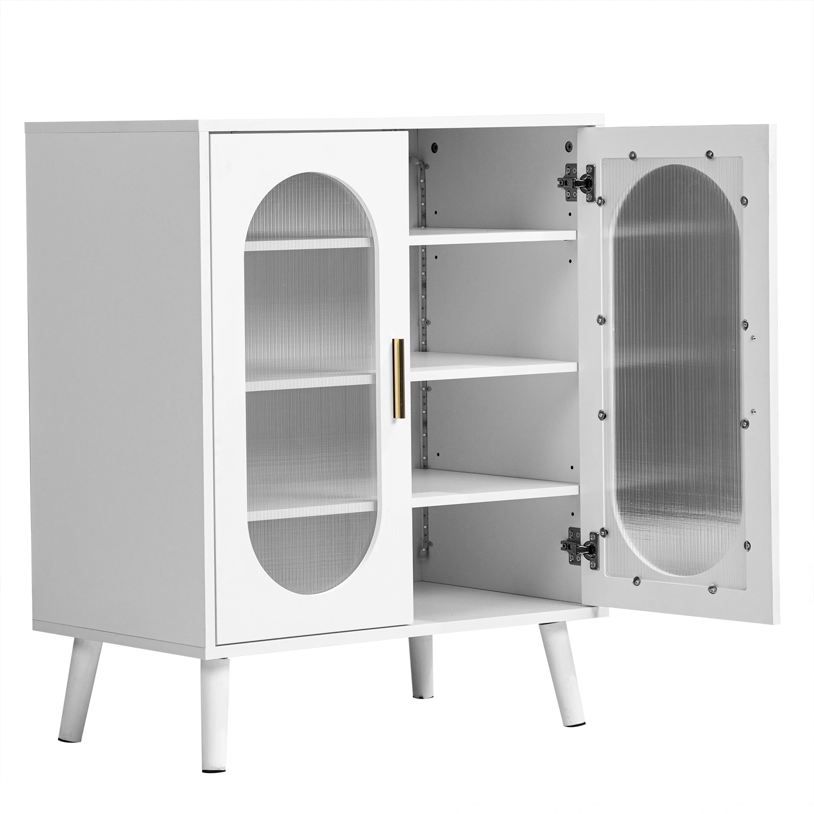 Two-door, polycarbonate sheet shoe cabinet with four internal layers, USB LED strip, and 24 adjustable buttons. Made of particleboard and polycarbonate sheet. Dimensions: 68*40*83.5 cm. White view 2