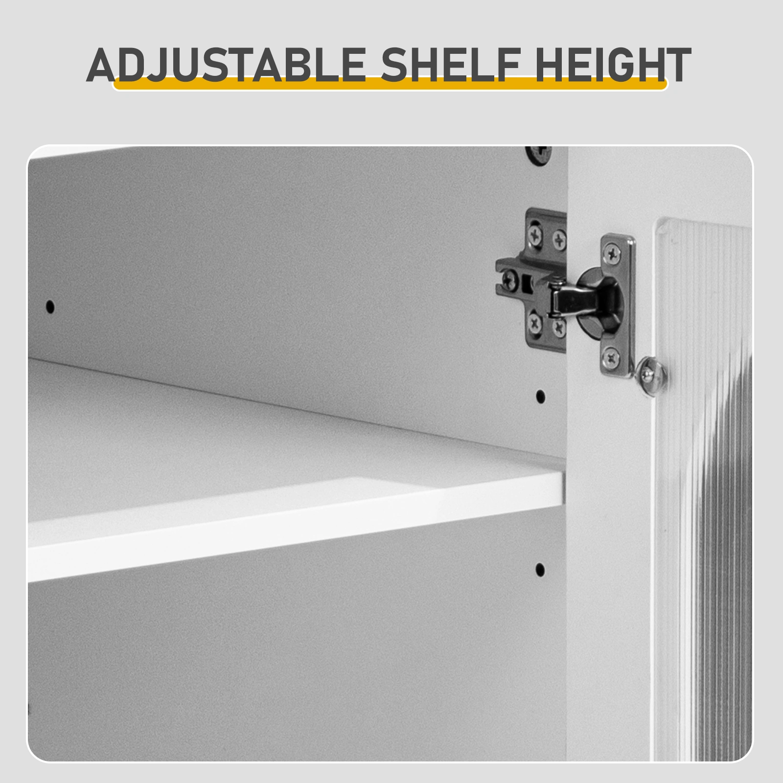 Two-door, polycarbonate sheet shoe cabinet with four internal layers, USB LED strip, and 24 adjustable buttons. Made of particleboard and polycarbonate sheet. Dimensions: 68*40*83.5 cm. White view 8