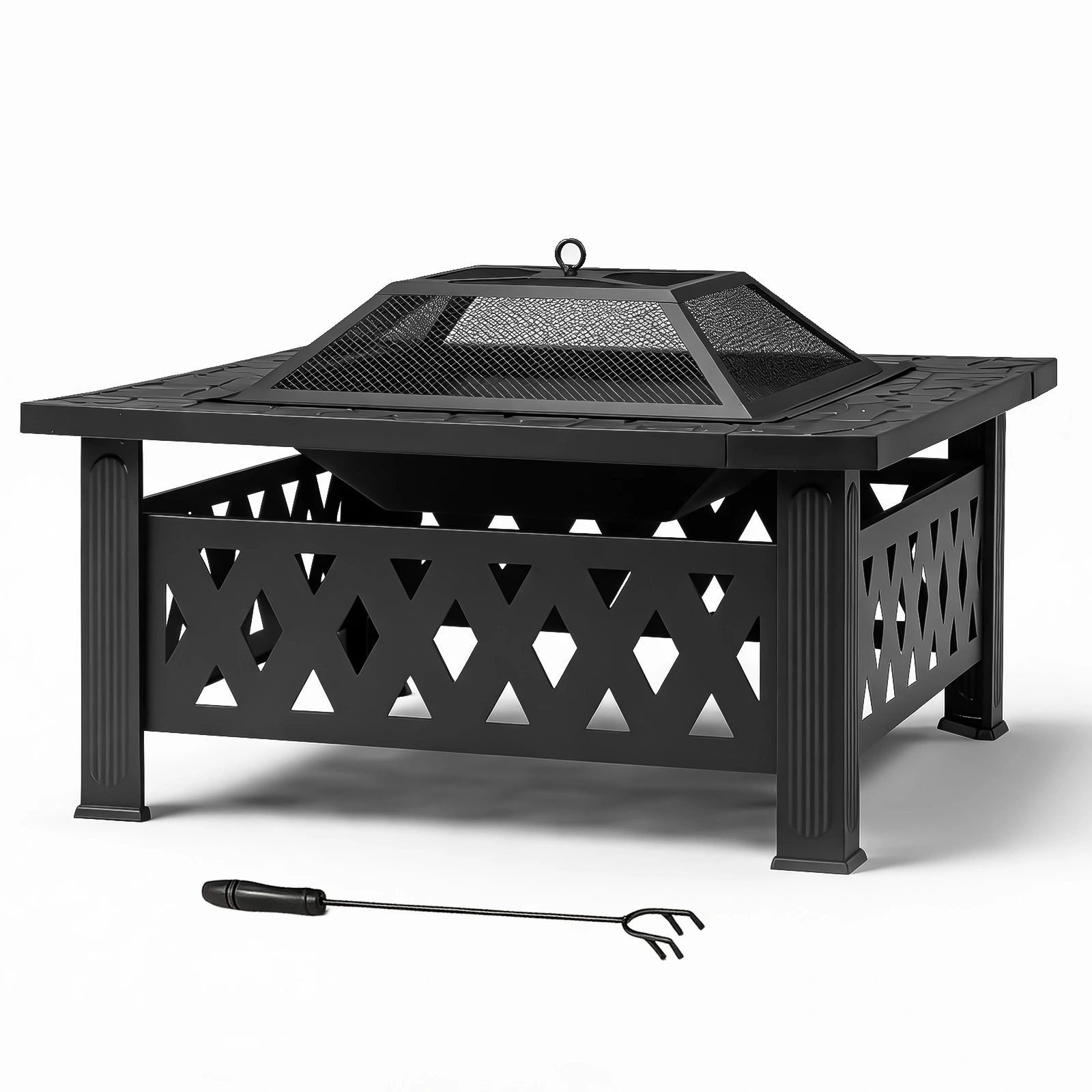 32" Square Wood Burning Fire Pit Table, Heavy Duty Wrought Iron Outdoor Fireplace with Pyramid Spark Screen & Poker, Diamond Cutout Patio Firepit, Black view 2