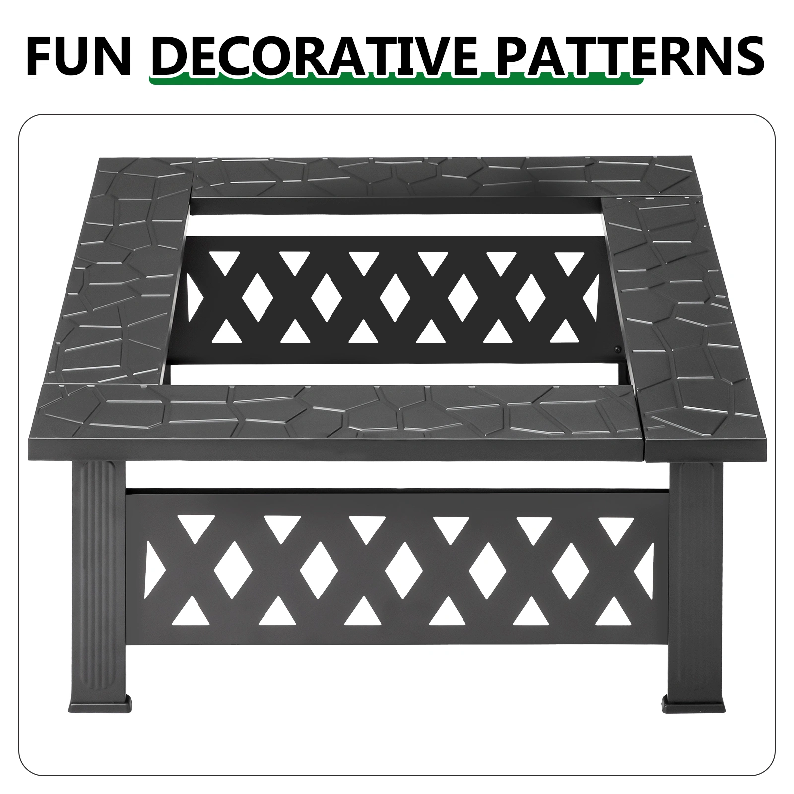 32" Square Wood Burning Fire Pit Table, Heavy Duty Wrought Iron Outdoor Fireplace with Pyramid Spark Screen & Poker, Diamond Cutout Patio Firepit, Black view 3