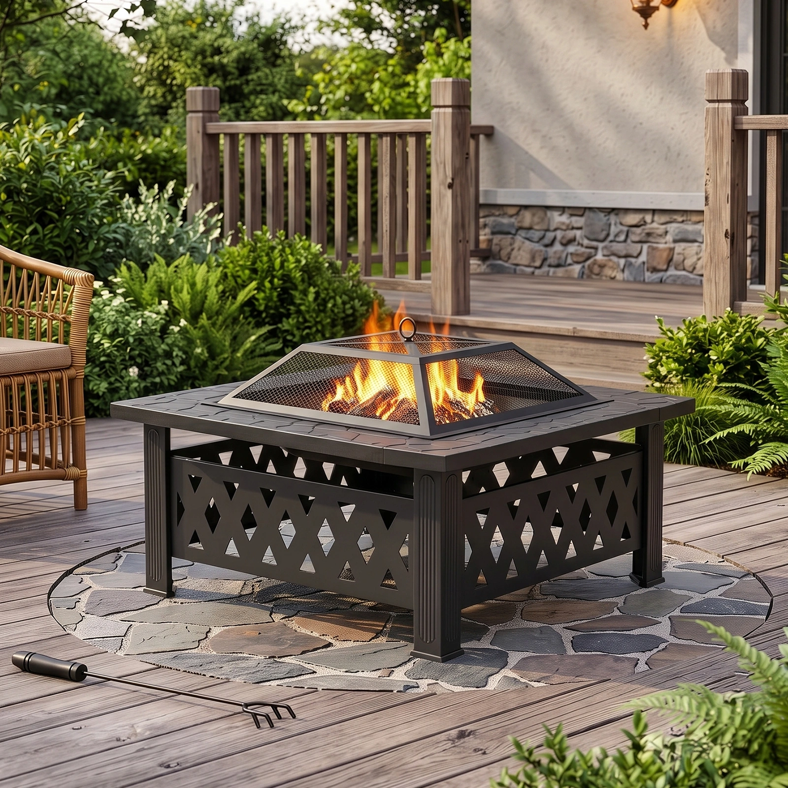32" Square Wood Burning Fire Pit Table, Heavy Duty Wrought Iron Outdoor Fireplace with Pyramid Spark Screen & Poker, Diamond Cutout Patio Firepit, Black view 6