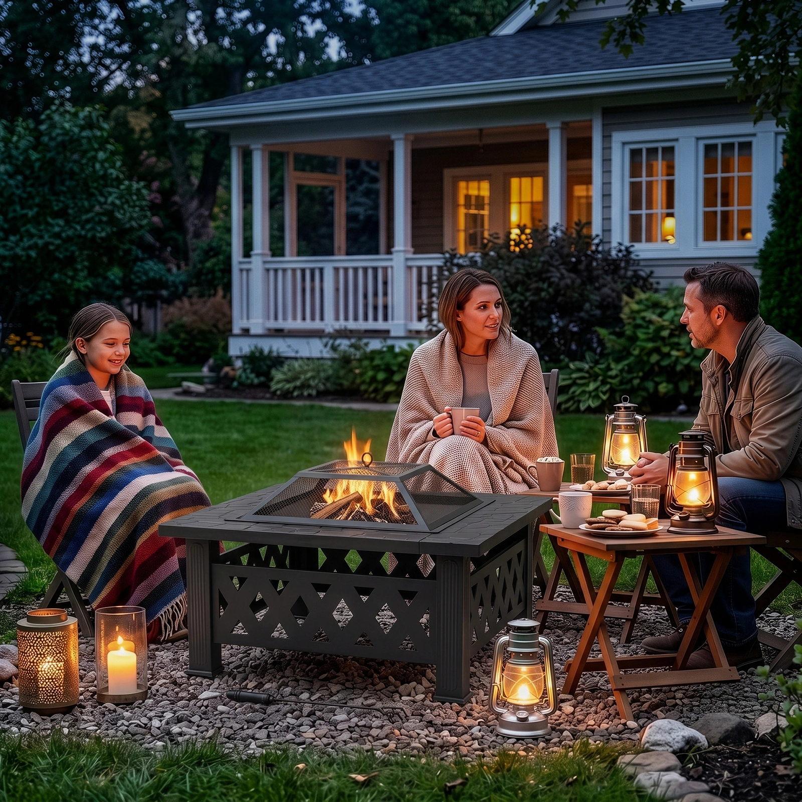 32" Square Wood Burning Fire Pit Table, Heavy Duty Wrought Iron Outdoor Fireplace with Pyramid Spark Screen & Poker, Diamond Cutout Patio Firepit, Black view 7