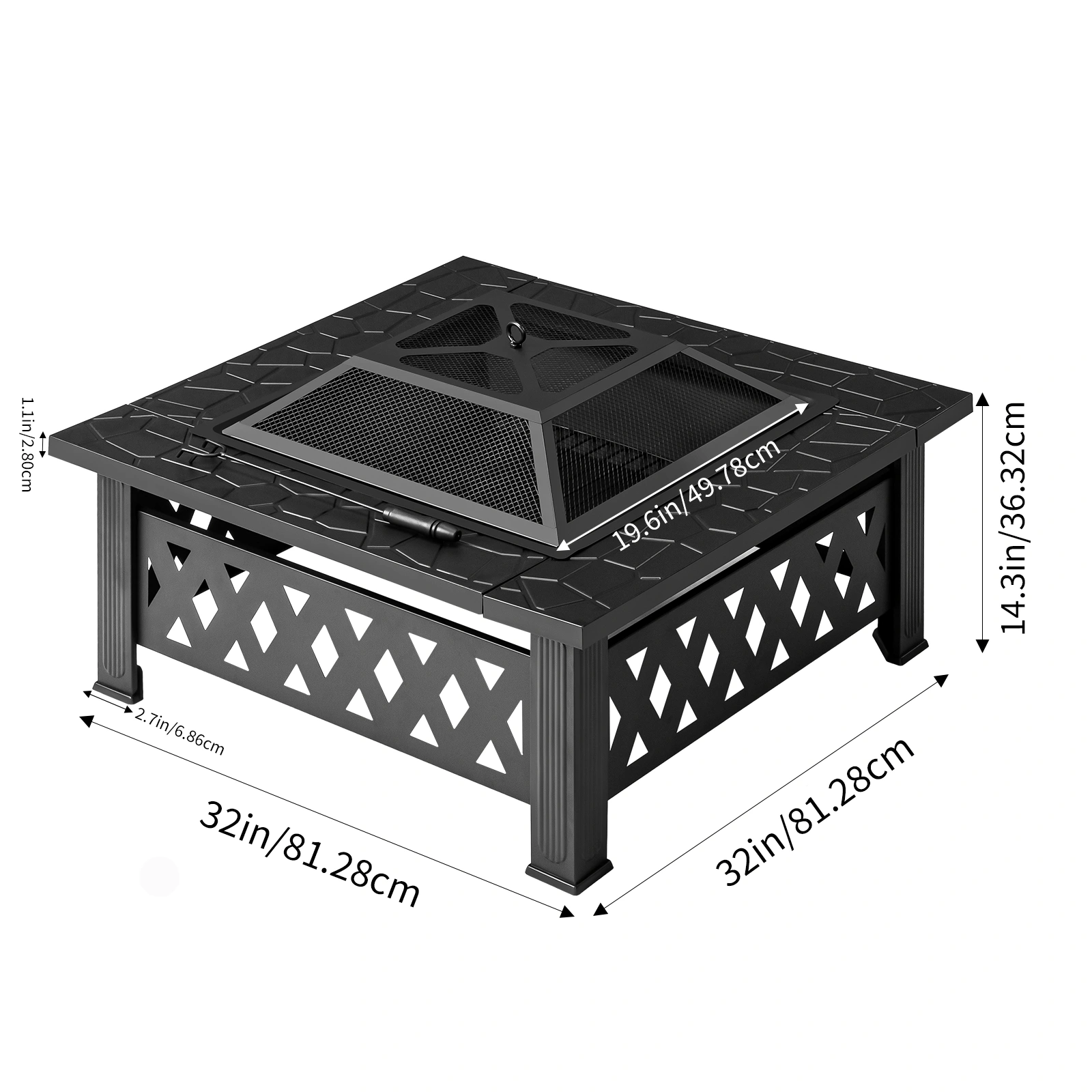32" Square Wood Burning Fire Pit Table, Heavy Duty Wrought Iron Outdoor Fireplace with Pyramid Spark Screen & Poker, Diamond Cutout Patio Firepit, Black view 8