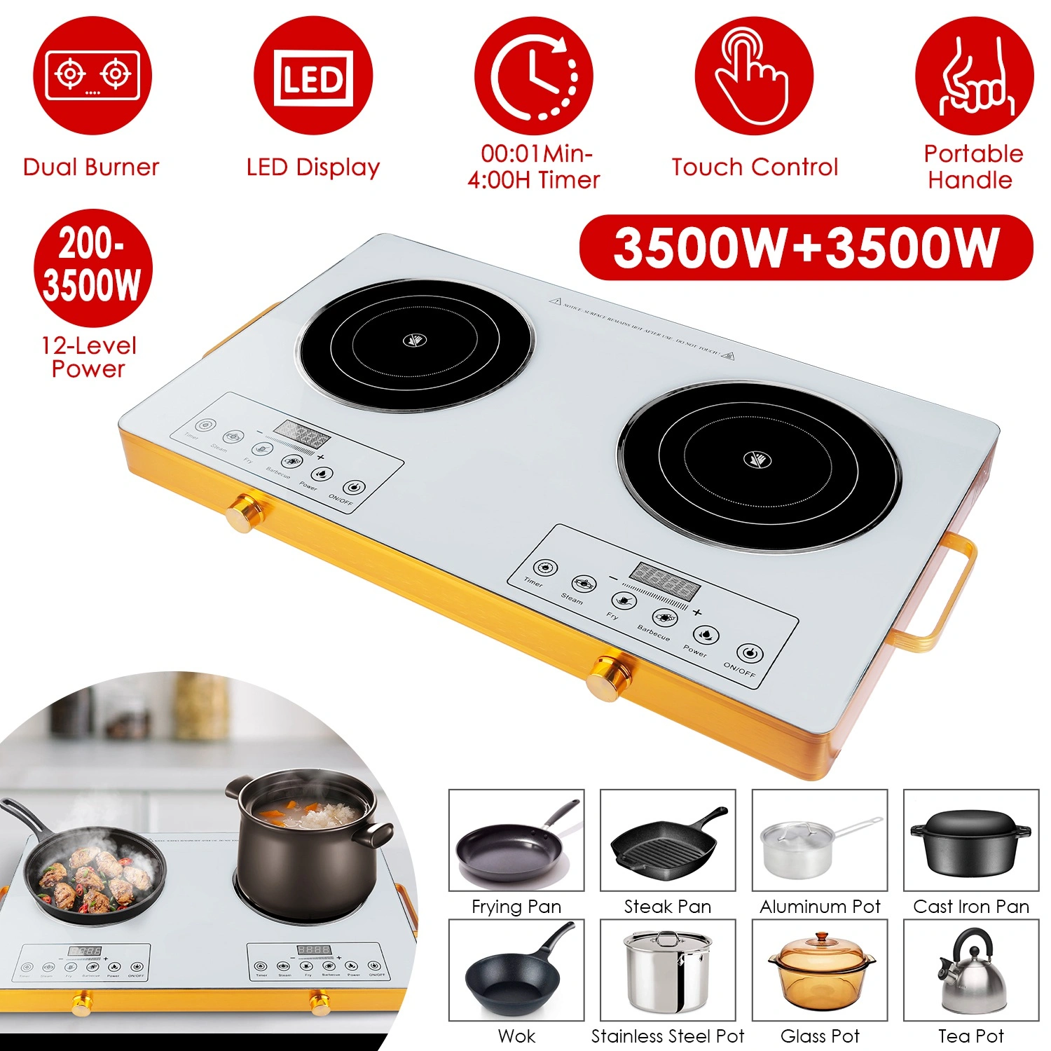 7000W Double Burner Electric Cooktop 110V, 2x3500W Rapid Heating Hot Plate with 4 Preset Modes (Steam/Fry/Barbecue/Power), 11-Level Power Control, Portable Handles & Easy-Clean Glass Surface, Fit All view 10