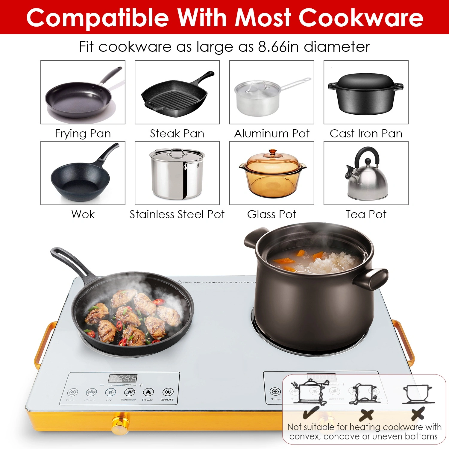 7000W Double Burner Electric Cooktop 110V, 2x3500W Rapid Heating Hot Plate with 4 Preset Modes (Steam/Fry/Barbecue/Power), 11-Level Power Control, Portable Handles & Easy-Clean Glass Surface, Fit All view 2