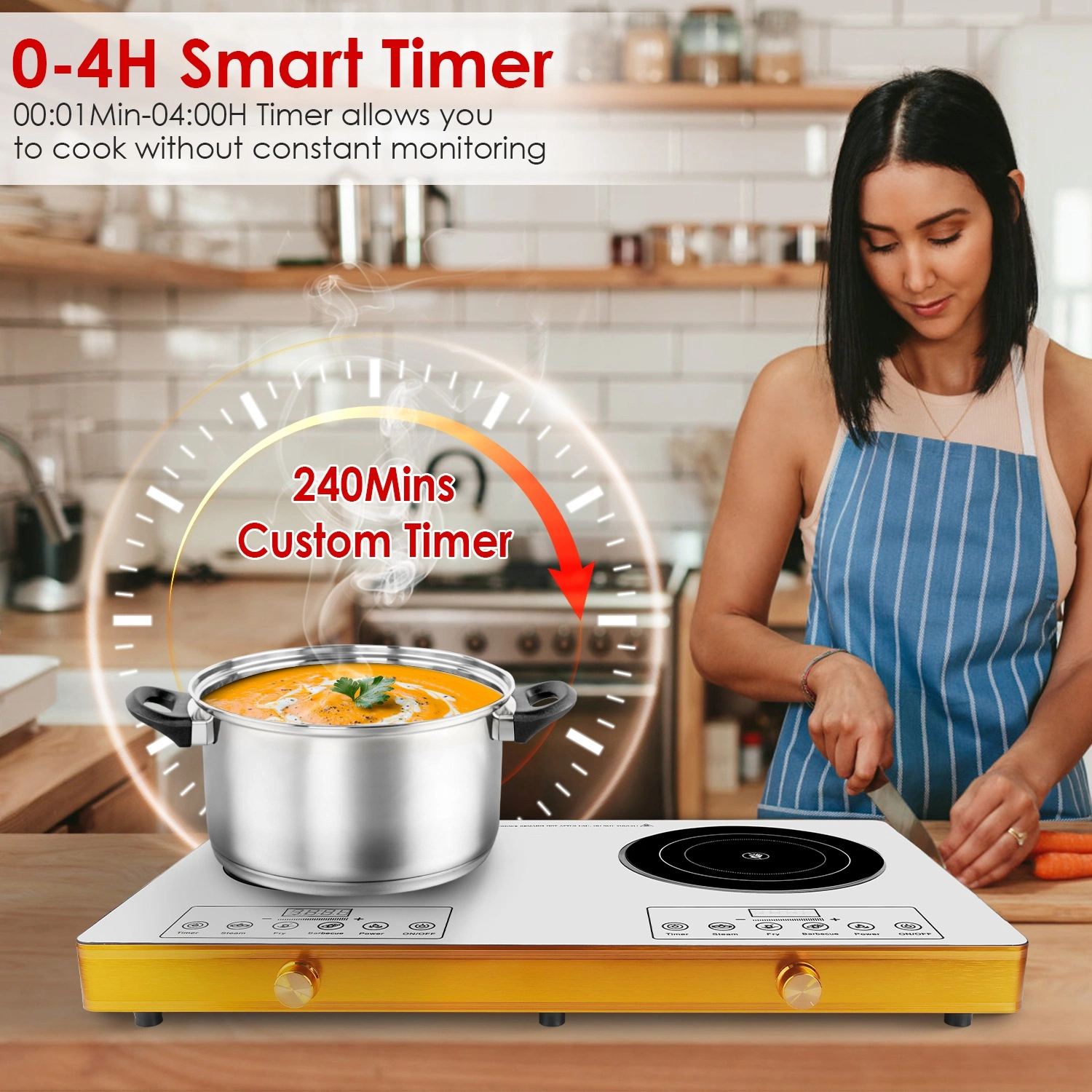 7000W Double Burner Electric Cooktop 110V, 2x3500W Rapid Heating Hot Plate with 4 Preset Modes (Steam/Fry/Barbecue/Power), 11-Level Power Control, Portable Handles & Easy-Clean Glass Surface, Fit All view 9