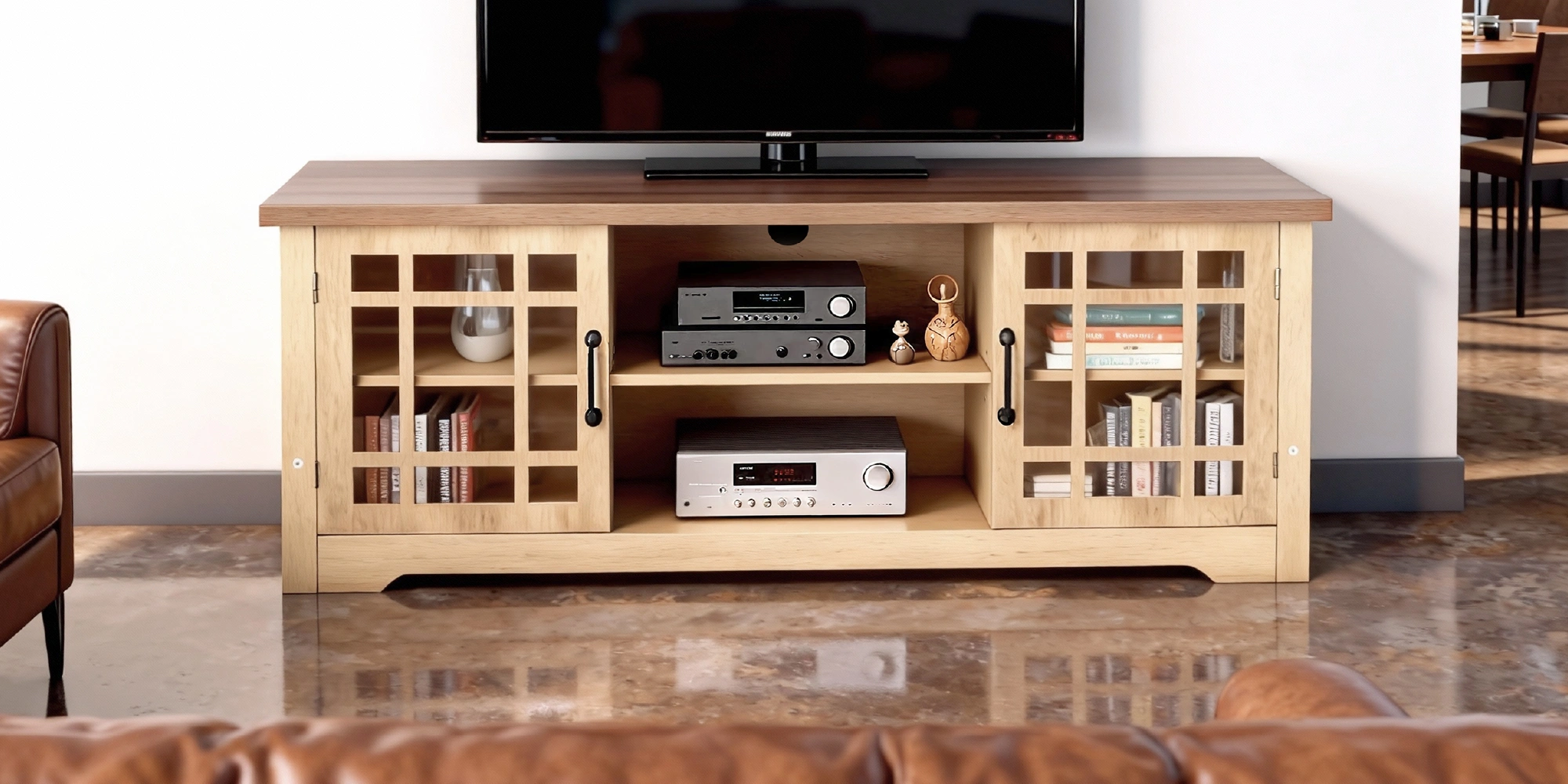 57.87 Inch TV Stand with Deep Brown Top & Natural Wood Cabinet - Double Glass Door Media Console, Laminate Particle Board Entertainment Center for TVs Up to 65 Inches view 10