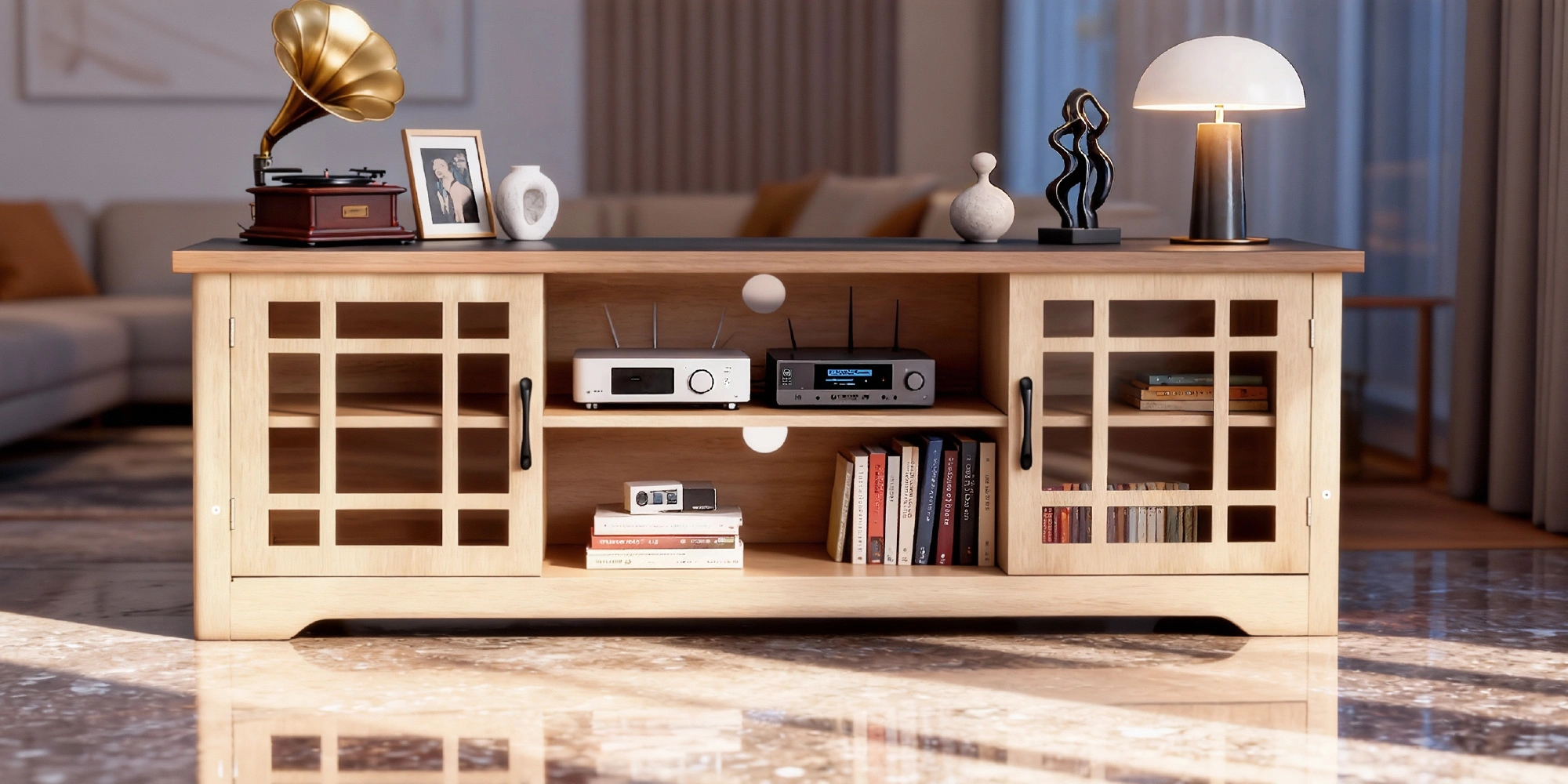 57.87 Inch TV Stand with Deep Brown Top & Natural Wood Cabinet - Double Glass Door Media Console, Laminate Particle Board Entertainment Center for TVs Up to 65 Inches view 13