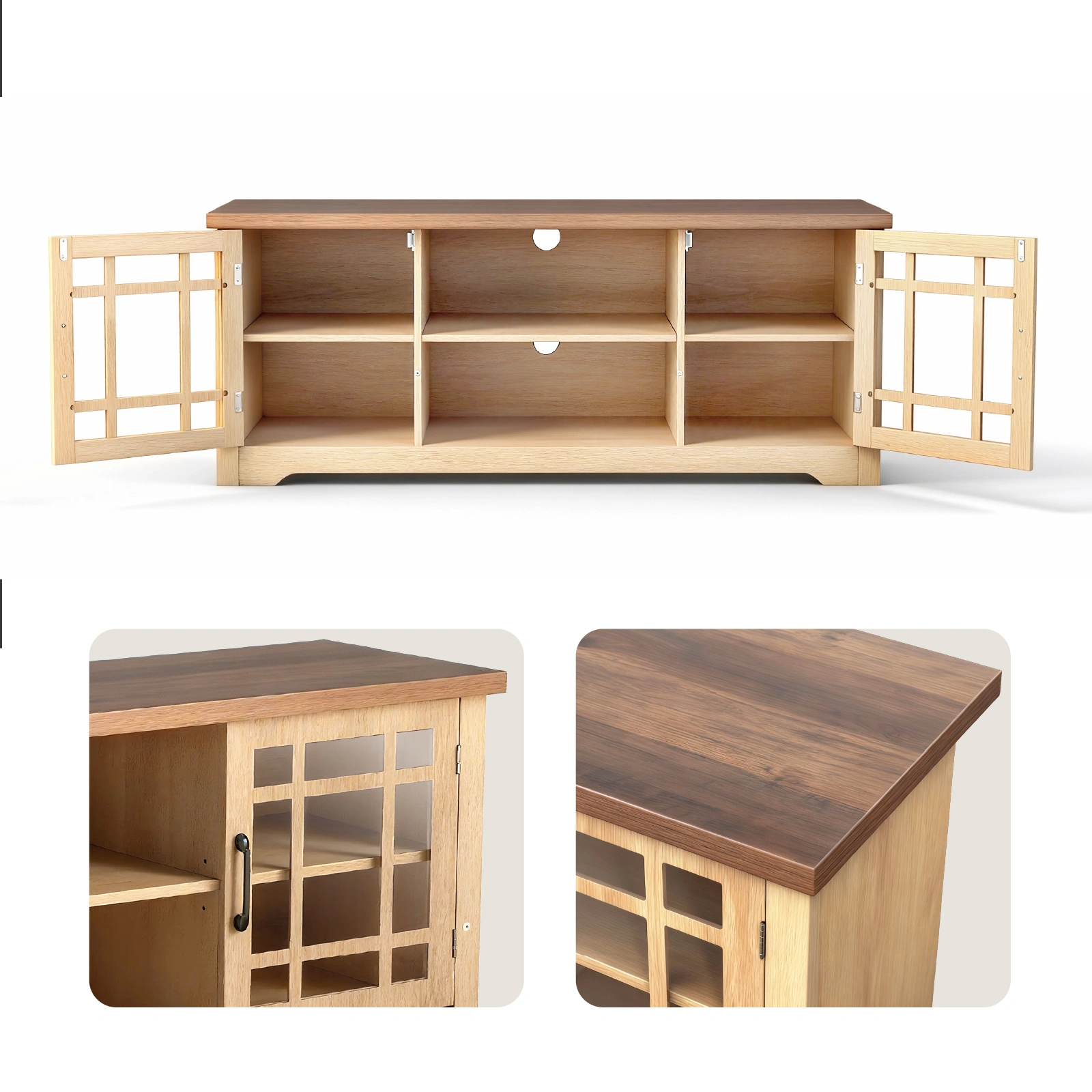 57.87 Inch TV Stand with Deep Brown Top & Natural Wood Cabinet - Double Glass Door Media Console, Laminate Particle Board Entertainment Center for TVs Up to 65 Inches view 2
