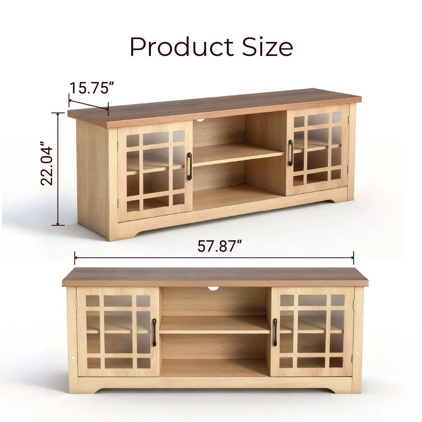57.87 Inch TV Stand with Deep Brown Top & Natural Wood Cabinet - Double Glass Door Media Console, Laminate Particle Board Entertainment Center for TVs Up to 65 Inches view 5