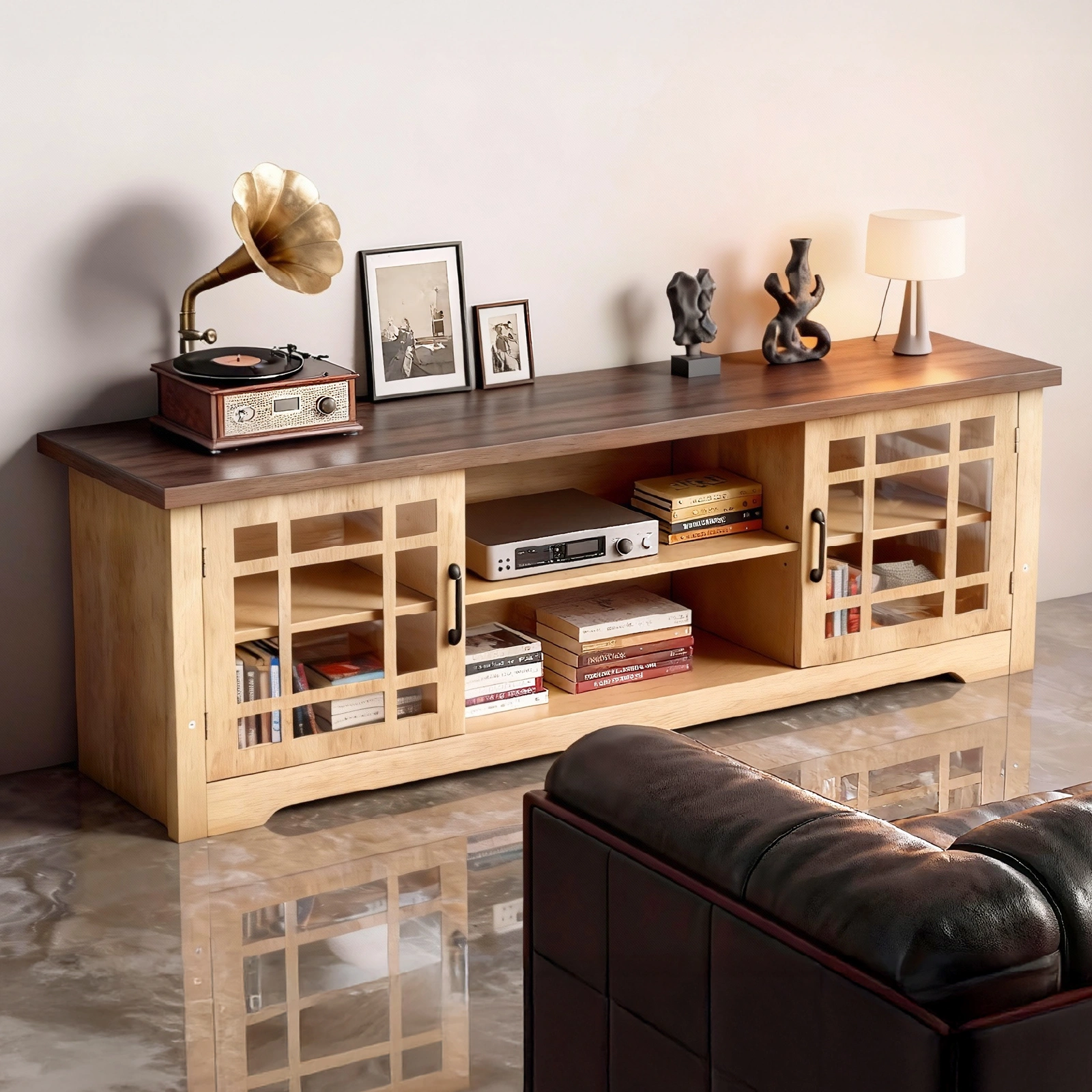 57.87 Inch TV Stand with Deep Brown Top & Natural Wood Cabinet - Double Glass Door Media Console, Laminate Particle Board Entertainment Center for TVs Up to 65 Inches view 7