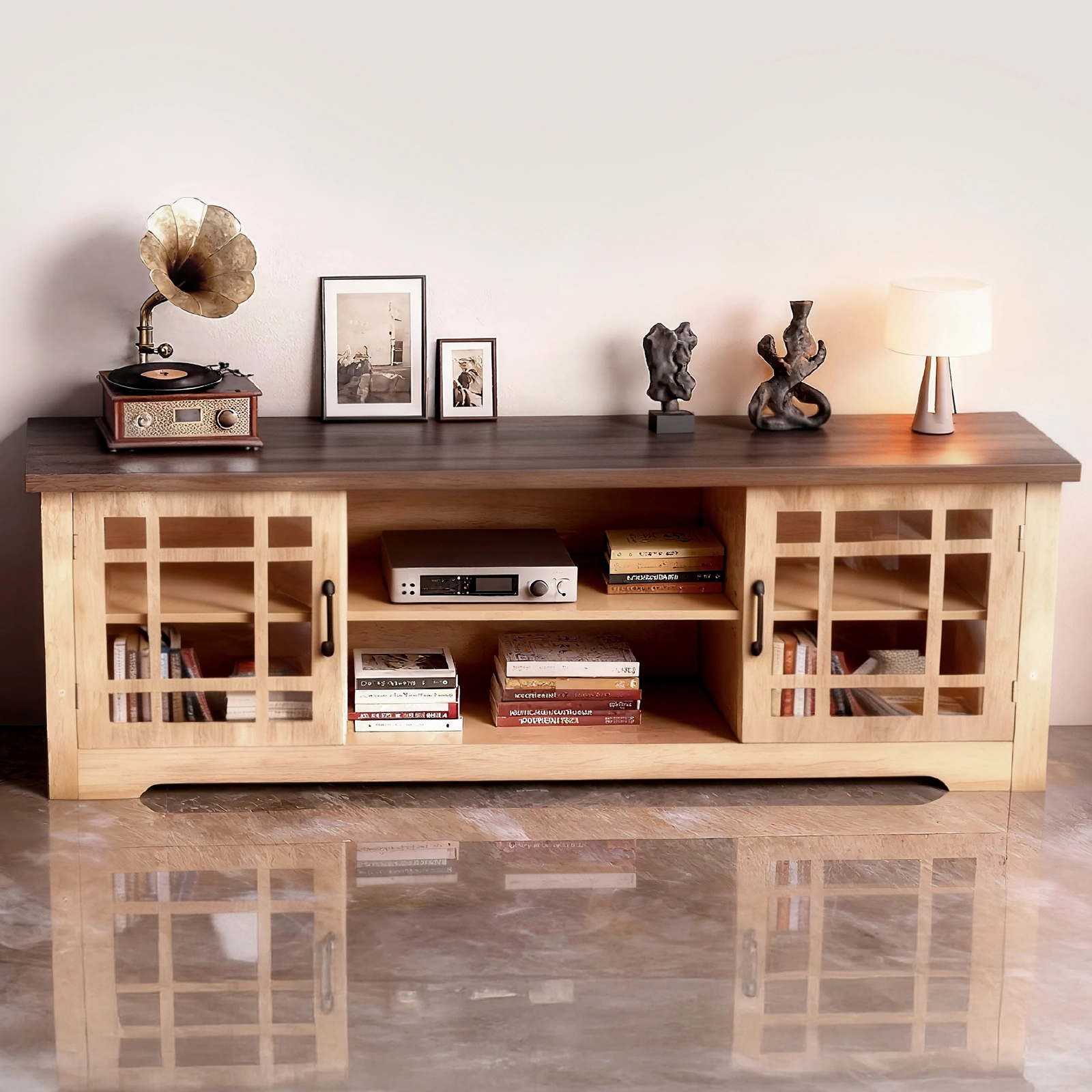 57.87 Inch TV Stand with Deep Brown Top & Natural Wood Cabinet - Double Glass Door Media Console, Laminate Particle Board Entertainment Center for TVs Up to 65 Inches view 8
