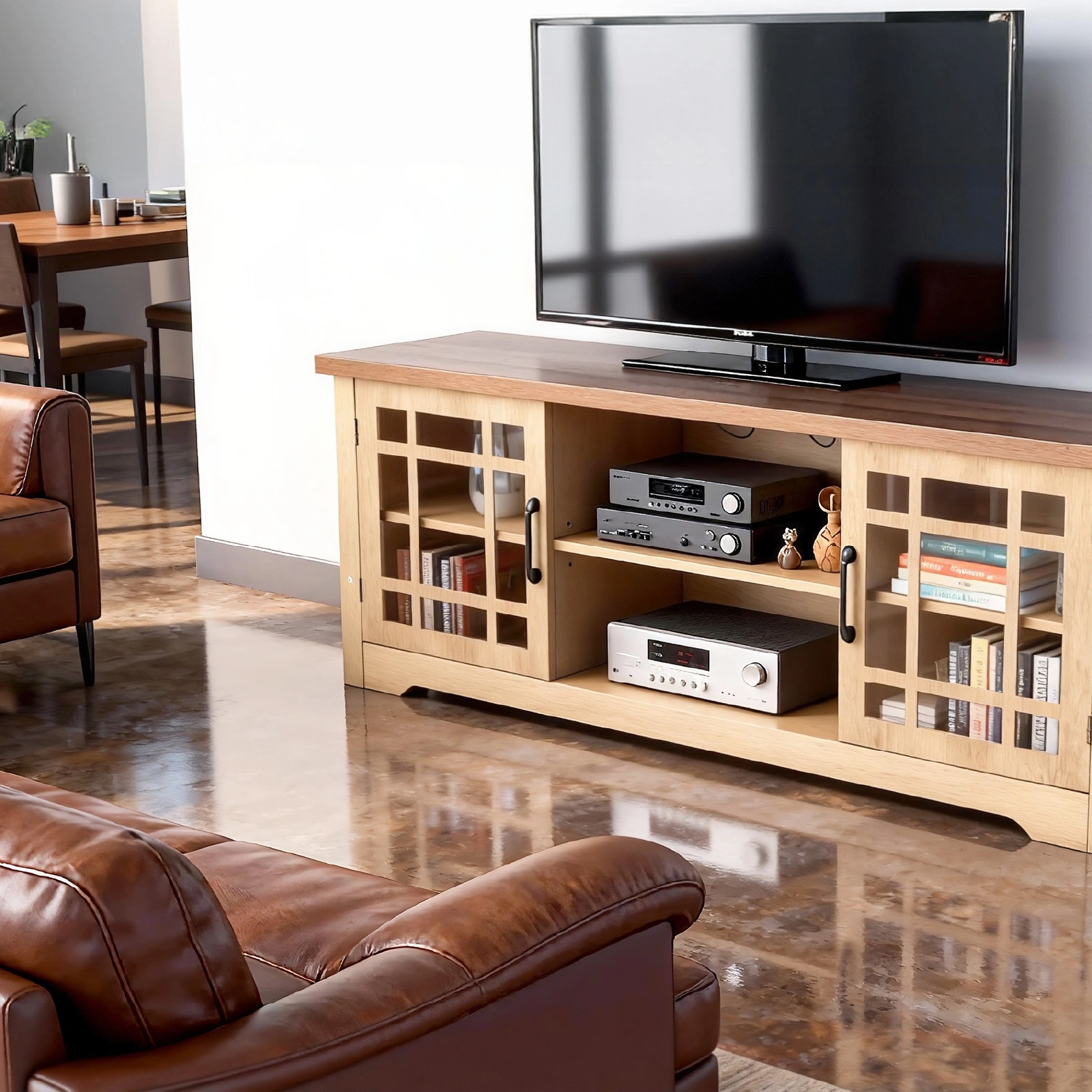 57.87 Inch TV Stand with Deep Brown Top & Natural Wood Cabinet - Double Glass Door Media Console, Laminate Particle Board Entertainment Center for TVs Up to 65 Inches view 9