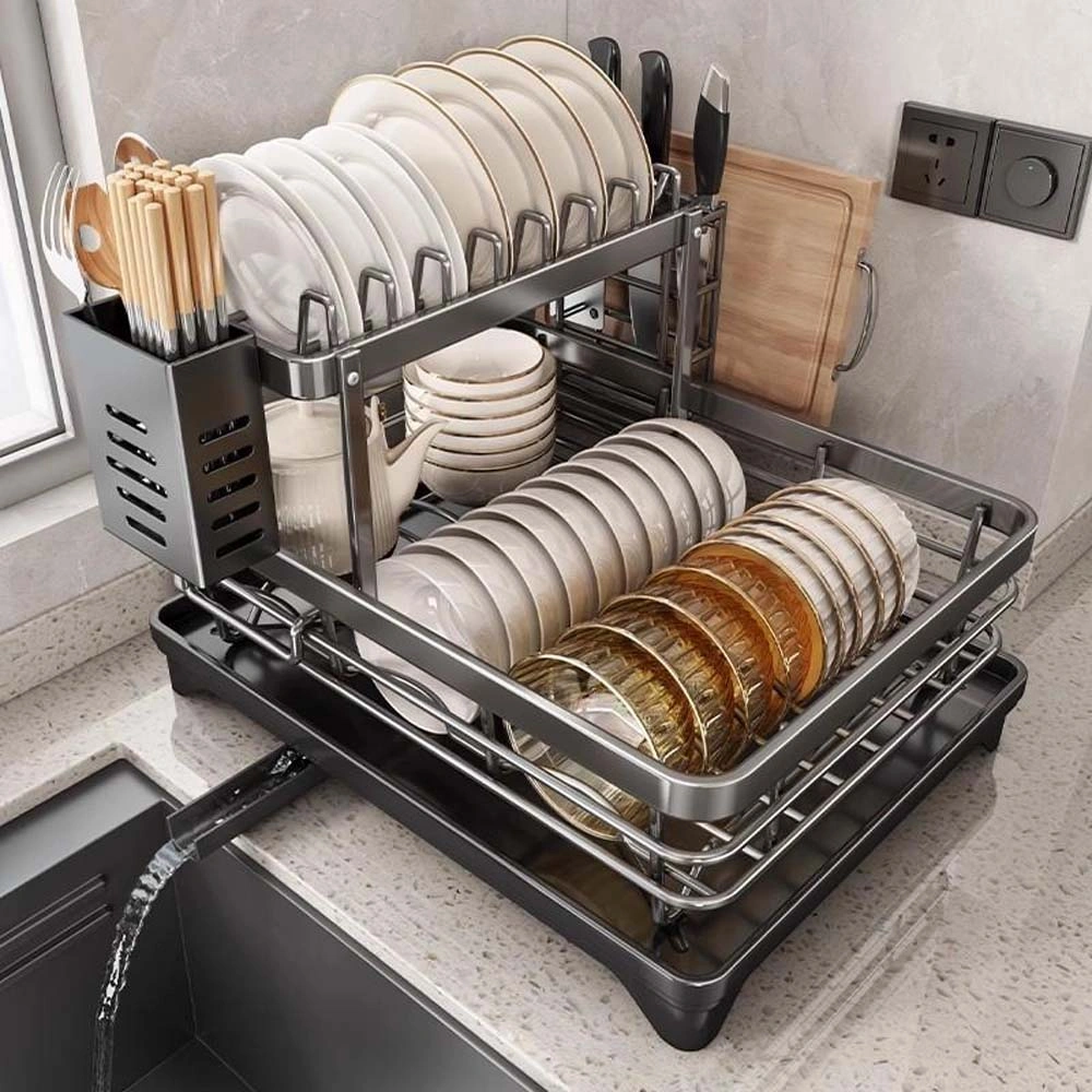 Foldable Over Sink Dish Drying Rack|Pull-Out 2-Tier Dish Drainer with Utensil Holder|Space Saving Kitchen Organizer for Small Kitchens view 10