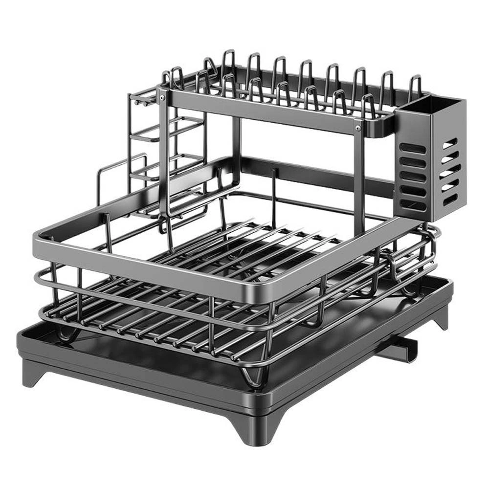 Foldable Over Sink Dish Drying Rack|Pull-Out 2-Tier Dish Drainer with Utensil Holder|Space Saving Kitchen Organizer for Small Kitchens view 2