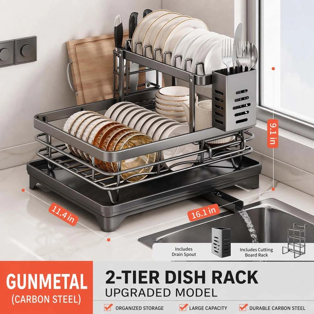 Foldable Over Sink Dish Drying Rack|Pull-Out 2-Tier Dish Drainer with Utensil Holder|Space Saving Kitchen Organizer for Small Kitchens view 9