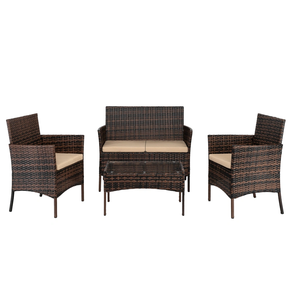 2pcs Arm Chairs 1pc Love Seat & Tempered Glass Coffee Table Rattan Sofa Set Brown Gradient view 2