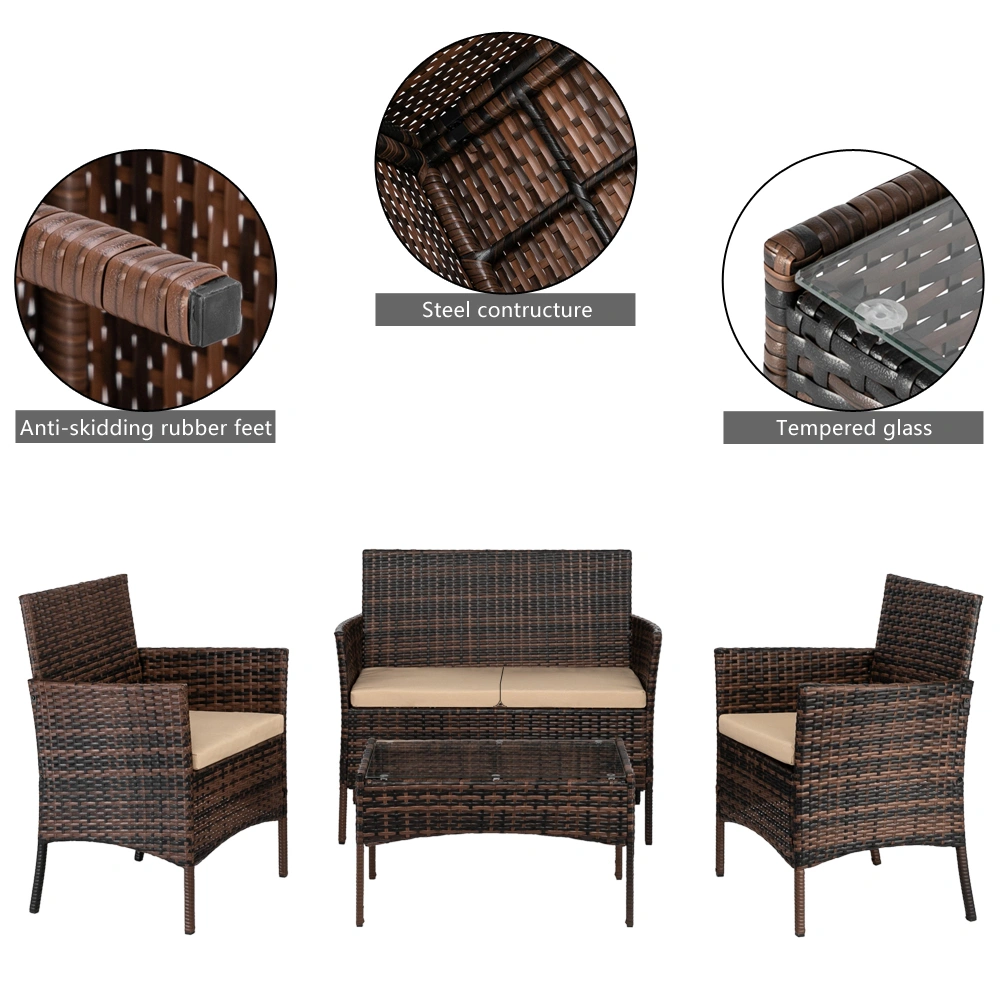 2pcs Arm Chairs 1pc Love Seat & Tempered Glass Coffee Table Rattan Sofa Set Brown Gradient view 23